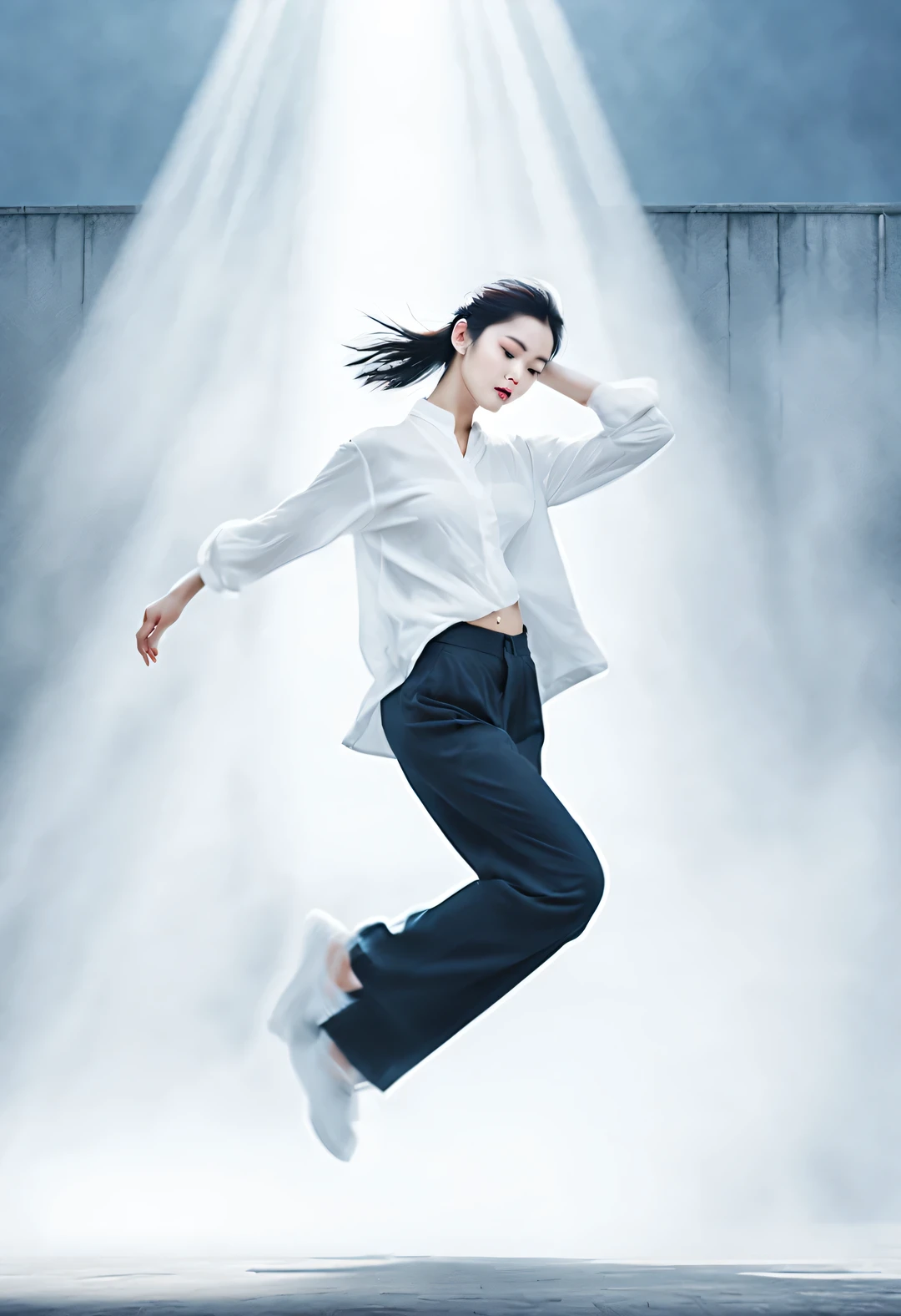 (Art dance poster design), (Half body), (Beautiful Chinese girl dancing in the air), (Wearing a modern and stylish white sweater and blue jeans: 0.8), Head up posture, Fair and flawless skin, high nose bridge, (Wearing big sunglasses：1.37）, (Wearing large sunglasses: 0.65), sad yet beautiful, (The limbs are extremely slender and graceful: 1.1), Exquisite facial features, (Red hands and empty feet), rotating fog, Noble temperament, black and white illustration, Chinese ink painting, black hair, meatball, messy, Proud, Surrealism, contemporary art photography, illustration action painting, abstract expressionism, Pixar, depth of field, motion blur, backlight, Falling shadows, Vignetting, zoom layer, Start at the bottom, Sony FE General Manager, ultra high definition, masterpiece, Accuracy, textured skin, Super details, high detail, high quality, Award-winning, best quality, Level, 16k, Shot from a top-down perspective,