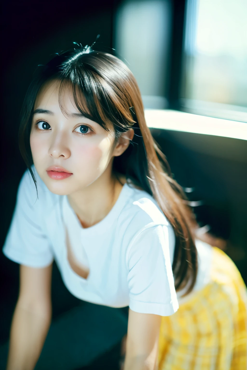 (8K, RAW photo, highest quality, High resolution:1.1), (hyperrealistic:1.4),(realistic, photorealistic:1.3), soft light,realistic face,realistic body,realistic skin,disorganized,masterpiece,(cute:1.8),(leaning forward:1.8),(From above:1.2),(close:1.4),crawl on all fours,throw,( Detailed white loose t-shirt:1.2),(Beautiful breasts:0.9),(long hair,ponytail),(big:1.2),cleavage,fine black eyes,innocent eyes,droopy eyes,Watery eye,open lips,blush,good style,cinema light,film Grain,close,look viewer,full Body,Depth of field, blurred background,Eye focus,young,85mm lens, f/ 1.4,professional lighting,portrait,photon mapping,radio city,Physically based rendering,Transparency,Day本の女の子,Day,Sunny,outdoor