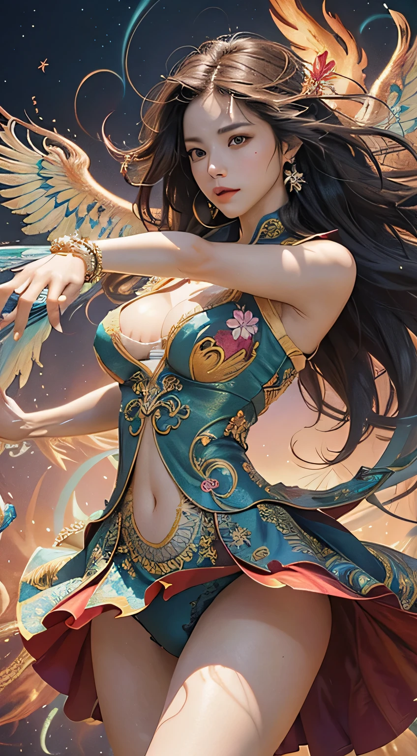 (masterpiece、highest quality、highest quality、official art、beautiful and aesthetic:1.2)、(1 girl:1.3)、very detailed、(fractal art:1.1)、(colorful:1.1)(flower:1.3)、most detailed、( zentangle:1.2)、(dynamic pose)、(Change the pose)、(dynamic angle)、(abstract background:1.3)、(shiny skin)、(many colors:1.4)、(earrings)、(wing:1.5)、(火inflammation放射器:1.3)、red background、inflammation、light、explosion、gust of wind、phoenix dress、beautiful face、detailed face、perfect proportions、big breasts、thin waist、navel、big ass、gap between crotches、thighs、
