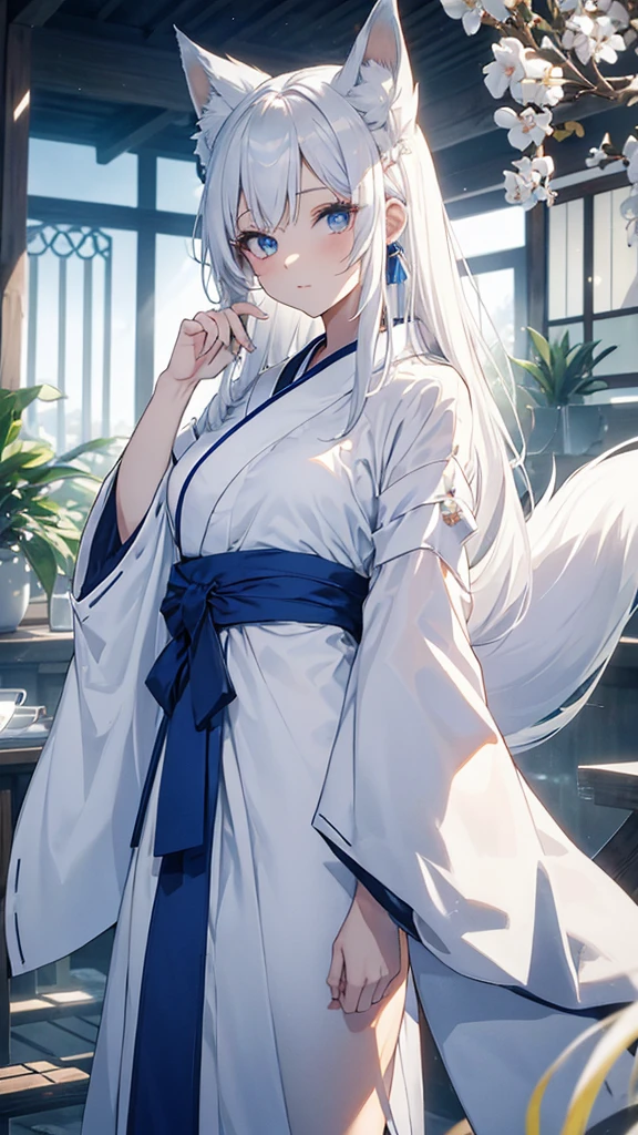 chica anime, cabello albino y ojos azules y piel de porcelana, has characteristic fox ears and tail, both of the same grayish white tone as her hair, viste un kimono miko con apertura a los lados en tono azul y blanco, y unos geta de madera, cuerpo completo.
