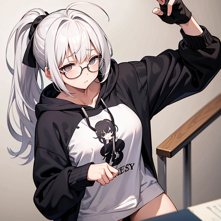 messy hair、dull bangs、ponytail、messy hair、Sloppy、cross-eyed、drunk、( fool / Sexual ecstasy)、Glasses、highest quality, Super delicate illustration, Beautiful charming anime girl, slender body, tied hair, one girl,wearing a hood,hoodie
