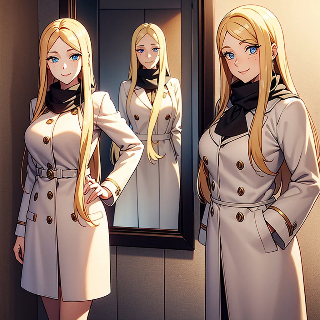 It's a beautiful real young woman with smooth long blond hair. Darker hairline. She is quite tall. She has a long pretty pointed nose. Sky Blue eyes. Large smile with really pretty dimples. Chin not pointy. Lightly red skin tone on her dimples. Lot of Freckles on her nose and dimples. She is wearing a long chakr coloured coat with black shoes. She has a really gorgeous colourful scarf around her neck and hair. Looking at her in a mirror in the bathroom while smiling