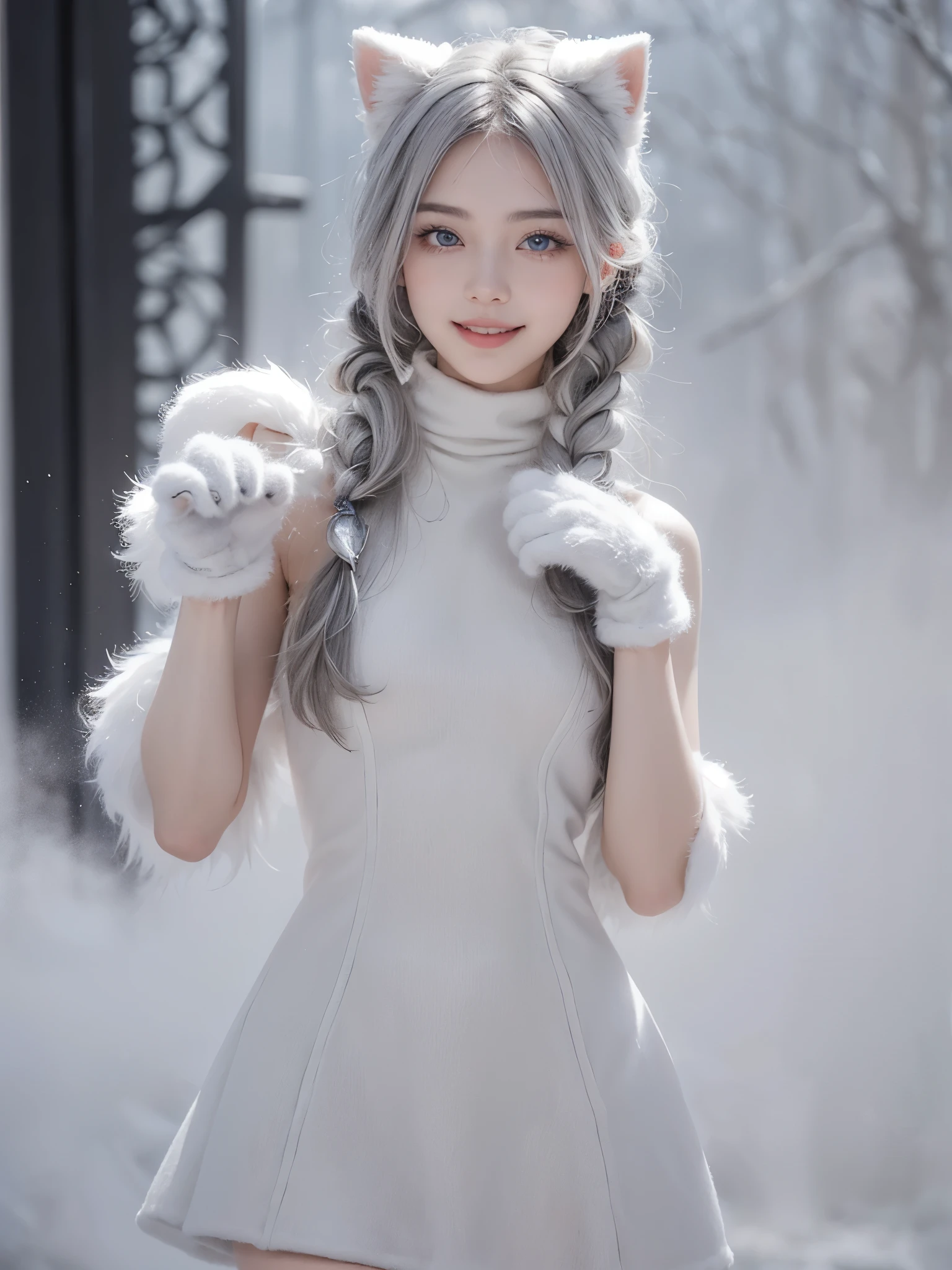 (cute:1.6),(gorgeous, elegant, luxury:1.4), (beautiful still life painting art:1.4), ultra detailed, beautiful, masterpiece, best quality,
_
BREAK (1girl:1.2), 22 years old, 160 cm, Japanese cute model, Tightened all body, medium Breasts, small head, small face, diamond Face, small nose, Sharp Faceline, Detailed face, Detailed eyes, young hands and fingers, beautiful hands and fingers, five fingers,
_
BREAK (happy, smile, Glossy Lips:1.3), (Light color lips, Half open mouth, beautiful Teeth:1.2), (dropy eyes, Double eyelid, light color eyes, Shiny eyes:1.5), Shiny skin,
_
BREAK (arranged hairstyle:1.6), (gray hair:1.2), shiny hair,
_
BREAK (White theme:1.3), (blurry background, mist, fog:1.7),
_
BREAK (cowboy shot:1.5),(random pose:1.4),
BREAK (Black and white theme:1.2), (cute fur and Wool design, elegant, luxury:1.6), (turtleneck and sleeveless dress:1.4), (a lot of White fur accents:1.4), (fake cat ears:1.2), (Paw gloves:1.6),