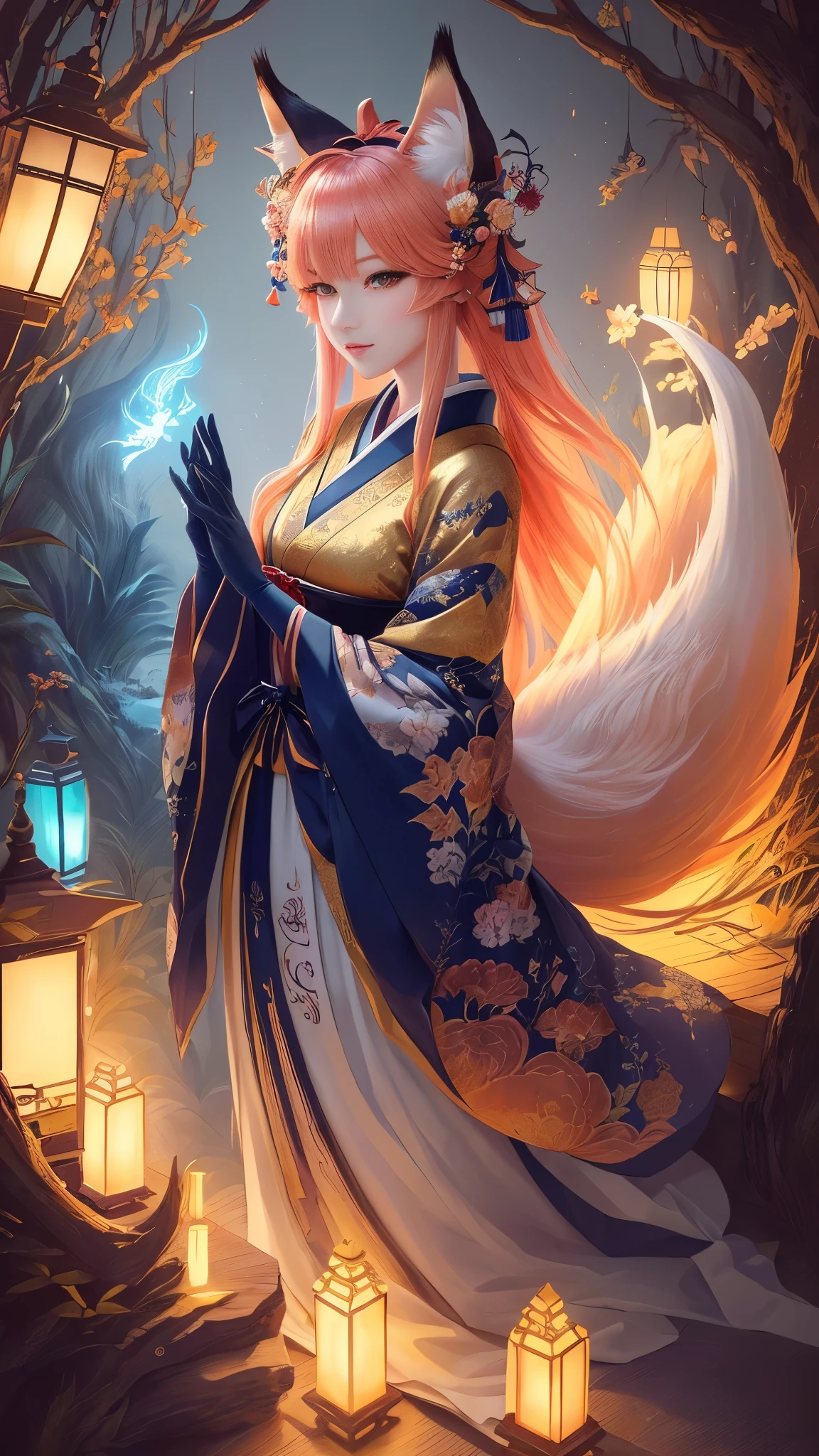 For the, masterpiece, beautiful details, colorful, delicate details, delicate lips, intricate details, genuine, ultrargenuineista, 枝に座っている色とりどりの髪のFoxを持つ女の子:sexy, fascinating, ,色とりどりのFox, raposa de nine tails, 三尾Fox, 三尾Fox, onmyoji detailed art, beautiful fine art illustration, mythical creatures, Fox, beautiful digital art,shrine maiden,japanese architecture,hold hands,exquisite digital illustration, mizutsune, Inspired by mythical wild web creatures, pixiv in digital art, shining light, high contrast, Mysterious