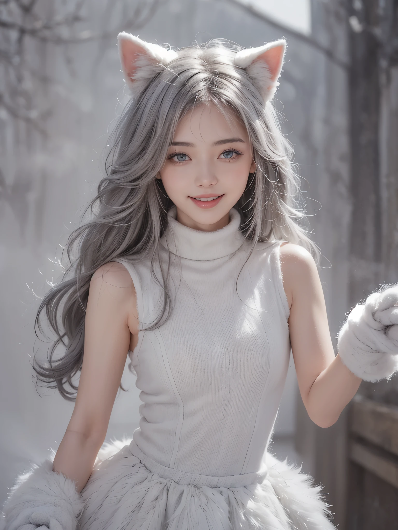 (cute:1.6),(gorgeous, elegant, luxury:1.4), (beautiful still life painting art:1.4), ultra detailed, beautiful, masterpiece, best quality,
_
BREAK (1girl:1.2), 22 years old, 160 cm, Japanese cute model, Tightened all body, medium Breasts, small head, small face, diamond Face, small nose, Sharp Faceline, Detailed face, Detailed eyes, young hands and fingers, beautiful hands and fingers, five fingers,
_
BREAK (happy, smile, Glossy Lips:1.3), (Light color lips, Half open mouth, beautiful Teeth:1.2), (dropy eyes, Double eyelid, light color eyes, Shiny eyes:1.5), Shiny skin,
_
BREAK (arranged hairstyle:1.6), (gray hair:1.2), shiny hair,
_
BREAK (White theme:1.3), (blurry background, mist, fog:1.7),
_
BREAK (cowboy shot:1.5),(random pose:1.4),
BREAK (Black and white theme:1.2), (cute fur and Wool design, elegant, luxury:1.6), (turtleneck and sleeveless dress:1.4), (a lot of White fur accents:1.4), (fake cat ears:1.2), (Paw gloves:1.6),