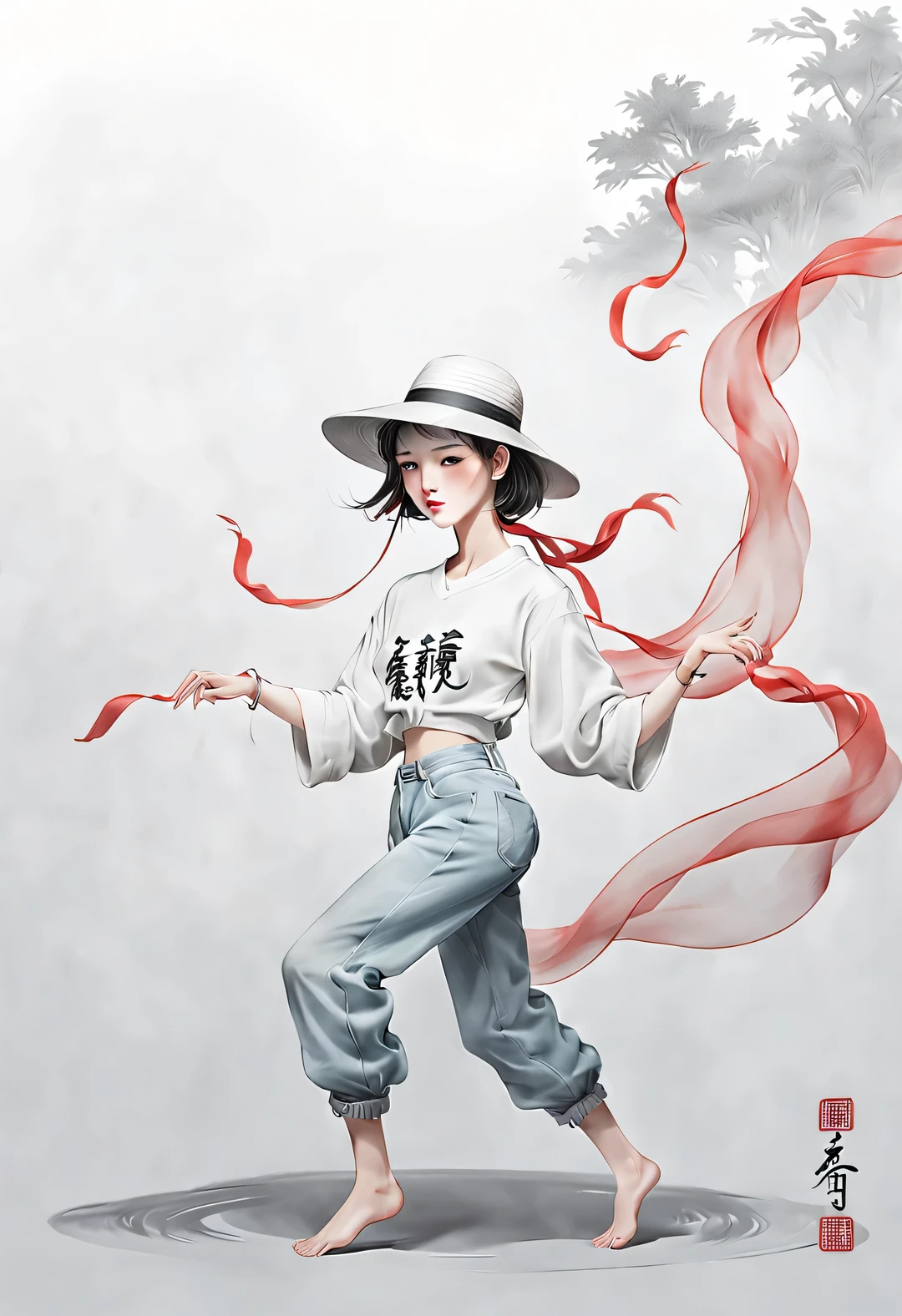 (Modern Art Dance Poster Design), (Half Body Close-up), (Beautiful Chinese girl dancing in the air), (Wearing a modern and stylish white sweater and blue jeans: 0.8), Head up posture, Fair and flawless skin, high nose bridge, (Hats cover your face: 1.37), (Wearing large sunglasses: 0.65), sad yet beautiful, (The limbs are extremely slender and graceful: 1.1), Exquisite facial features, (Red hands and empty feet), rotating fog, Noble temperament, black and white illustration, Chinese ink painting, black hair, meatball, messy, Proud, Surrealism, contemporary art photography, illustration action painting, abstract expressionism, Pixar, depth of field, motion blur, backlight, Falling shadows, Vignetting, zoom layer, Start at the bottom, Sony FE General Manager, ultra high definition, masterpiece, Accuracy, textured skin, Super details, high detail, high quality, Award-winning, best quality, Level, 16k, Shot from a top-down perspective,