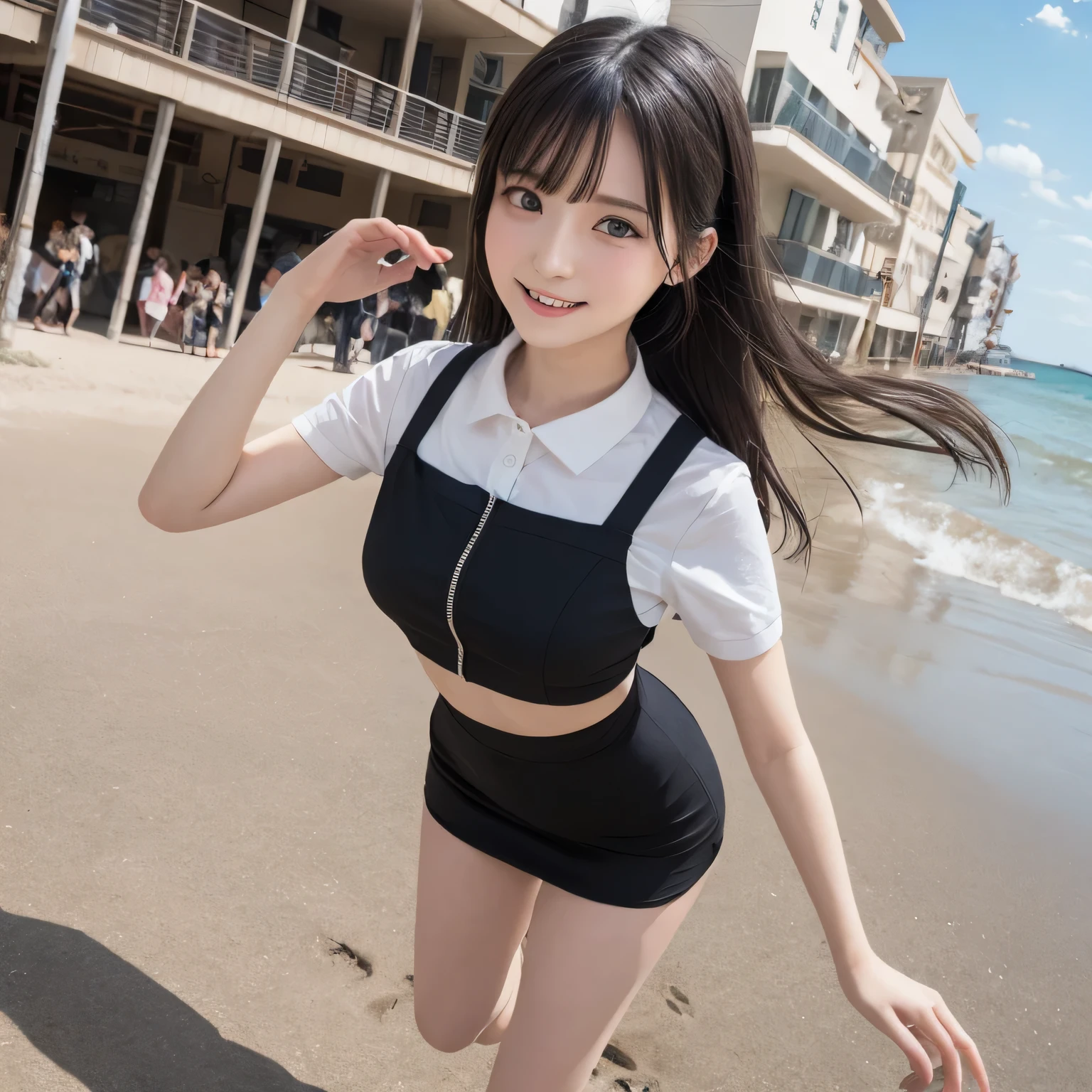 on the table, best quality, illustration, Super detailed, fine details, high resolution, 8k wallpaper, Perfect dynamic composition, Beautiful and delicate eyes,whole body摄影，show your whole body、collared shirt、long gray hair, Bold sexy pose,Smile,Harajuku、20 year old girl、huge :1.5、Look at the sexy shots of the camera, whole body, Rear view、Holding a bouquet of flowers、standing at the beach、2 girls