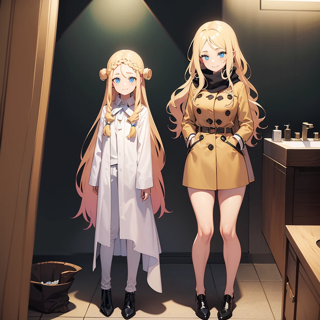 It's a beautiful real young woman with curly long blond hair. Darker hairline. She is quite tall. She has a long pretty pointed nose. Sky Blue eyes. Large smile with really pretty dimples. Chin not pointy. Lightly red skin tone on her dimples. Lot of Freckles on her nose and dimples. She is wearing a long chakr coloured coat with black shoes. She has a really gorgeous colourful scarf around her neck and hair. Looking at her in a mirror in the bathroom while smiling