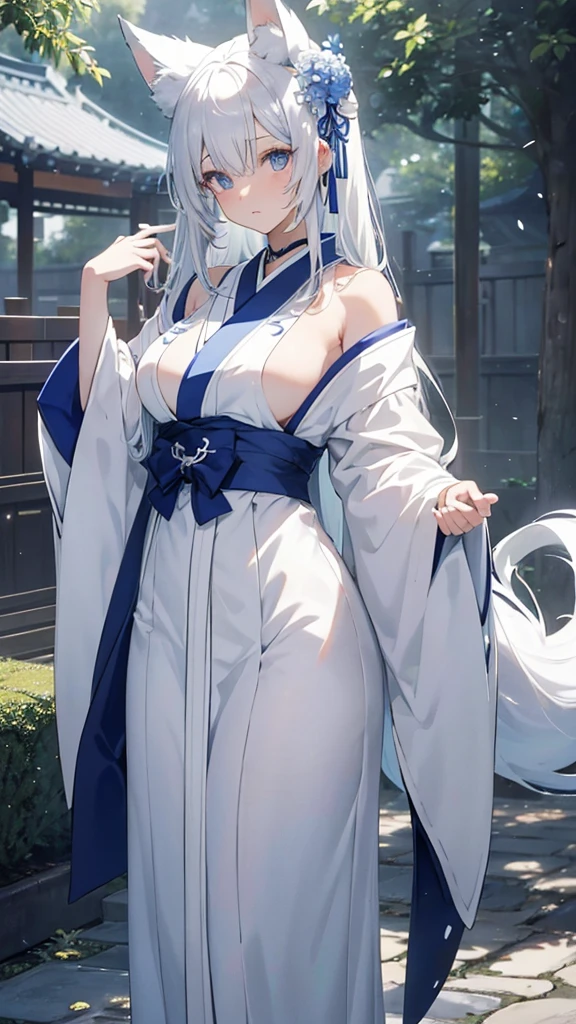 chica anime, cabello albino y ojos azules y piel de porcelana, has characteristic fox ears and tail, both of the same grayish white tone as her hair, viste un kimono miko con apertura a los lados en tono azul y blanco, y unos geta de madera, cuerpo completo