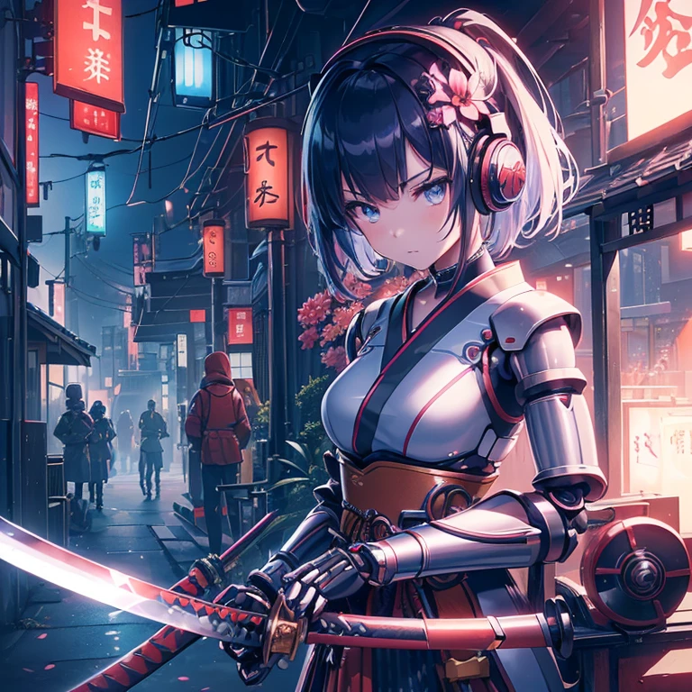 (((arms、Katana、armsを持つ))) (((Cyber World))),cinematic light, ((Japanese style))((1 mechanical girl)),alone, ,whole body,kimono、(mechanical joint:1.4),Expressionless,(headphones、flower hair ornament),small breasts,short hair,character focus,SF、Katana