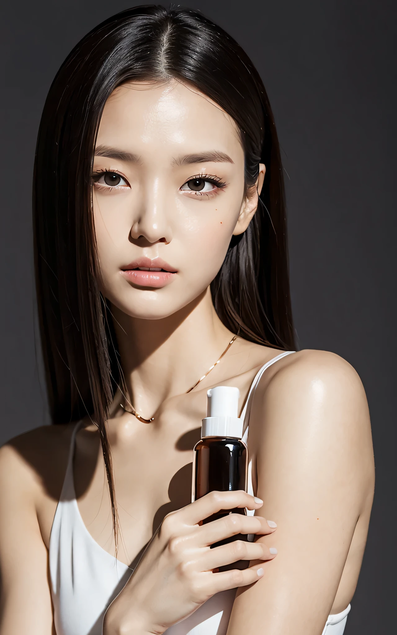 1 Female-centered, Beautiful female model holding cosmetic bottle in hand, wearing a white shirt, Model's skin is healthy and clean, And the cosmetic bottle shines luxuriously, Skin Care, flower, cosmetic advertising photo, clean atmosphere, in a studio, Filmed with a HASSELBLAD camera, medium format, dramatic lighting, luxury brand cosmetics