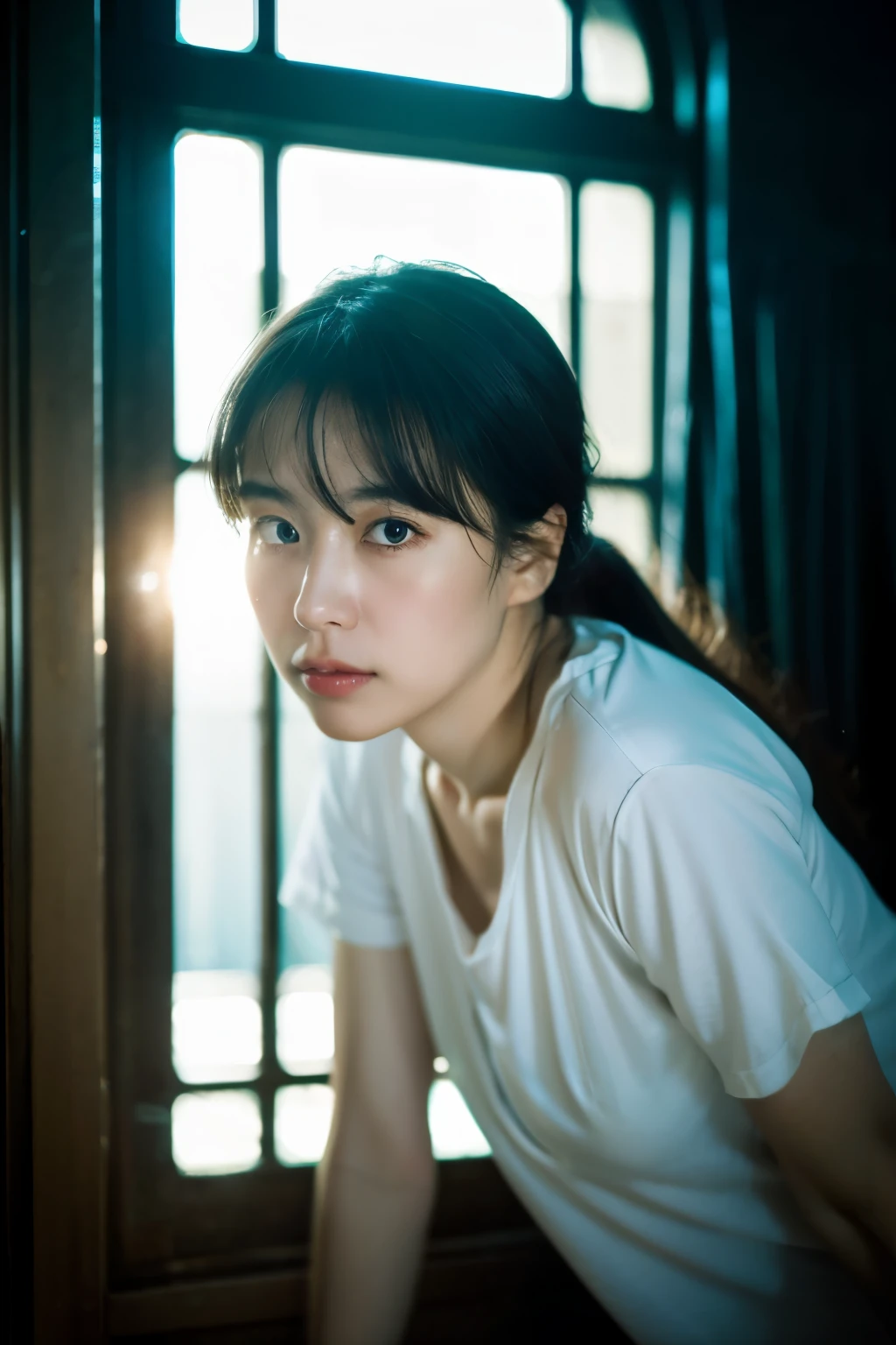 (8K, RAW photo, highest quality, High resolution:1.1), (hyperrealistic:1.4),(realistic, photorealistic:1.3), soft light,realistic face,realistic body,realistic skin,disorganized,masterpiece,(cute:1.8),(leaning forward:1.8),(From above:1.2),(close:1.4),crawl on all fours,throw,( Detailed white loose t-shirt:1.2),(Beautiful breasts:0.9),(long hair,ponytail),(big:1.2),cleavage,fine black eyes,innocent eyes,droopy eyes,Watery eye,open lips,blush,good style,cinema light,film Grain,close,look viewer,full Body,Depth of field, blurred background,Eye focus,young,85mm lens, f/ 1.4,professional lighting,portrait,photon mapping,radio city,Physically based rendering,Transparency,Day本の女の子,Day,Sunny,outdoor