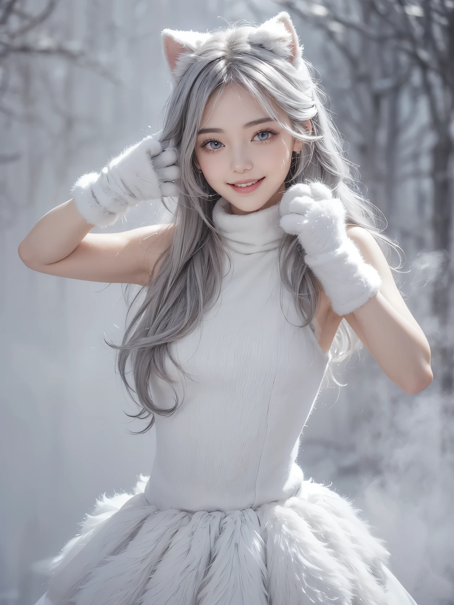 (cute:1.6),(gorgeous, elegant, luxury:1.4), (beautiful still life painting art:1.4), ultra detailed, beautiful, masterpiece, best quality,
_
BREAK (1girl:1.2), 22 years old, 160 cm, Japanese cute model, Tightened all body, medium Breasts, small head, small face, diamond Face, small nose, Sharp Faceline, Detailed face, Detailed eyes, young hands and fingers, beautiful hands and fingers, five fingers,
_
BREAK (happy, smile, Glossy Lips:1.6), (Light color lips, Half open mouth, beautiful Teeth:1.2), (dropy eyes, Double eyelid, light color eyes, Shiny eyes:1.5), Shiny skin,
_
BREAK (arranged hairstyle:1.6), (gray hair:1.2), shiny hair,
_
BREAK (White theme:1.3), (blurry background, mist, fog:1.7),
_
BREAK (cowboy shot:1.5),(random pose:1.4),
BREAK (Black and white theme:1.2), (cute fur and Wool design, elegant, luxury:1.6), (turtleneck and sleeveless dress:1.4), (a lot of White fur accents:1.4), (fake cat ears:1.2), (Paw gloves:1.6),