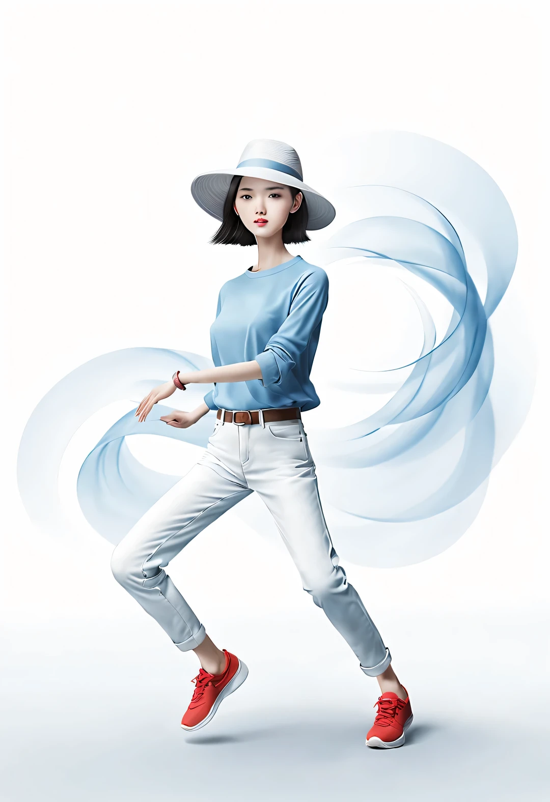 (Modern Art Dance Poster Design), (Half Body Close-up), (Beautiful Chinese girl dancing in the air), (Wearing a modern and stylish white sweater and blue jeans: 0.8), Head up posture, Fair and flawless skin, high nose bridge, (Hats cover your face: 1.37), (Wearing large sunglasses: 0.65), sad yet beautiful, (The limbs are extremely slender and graceful: 1.1), Exquisite facial features, (Red hands and empty feet), rotating fog, Noble temperament, black and white illustration, Chinese ink painting, black hair, meatball, messy, Proud, Surrealism, contemporary art photography, illustration action painting, abstract expressionism, Pixar, depth of field, motion blur, backlight, Falling shadows, Vignetting, zoom layer, Start at the bottom, Sony FE General Manager, ultra high definition, masterpiece, Accuracy, textured skin, Super details, high detail, high quality, Award-winning, best quality, Level, 16k, Shot from a top-down perspective,