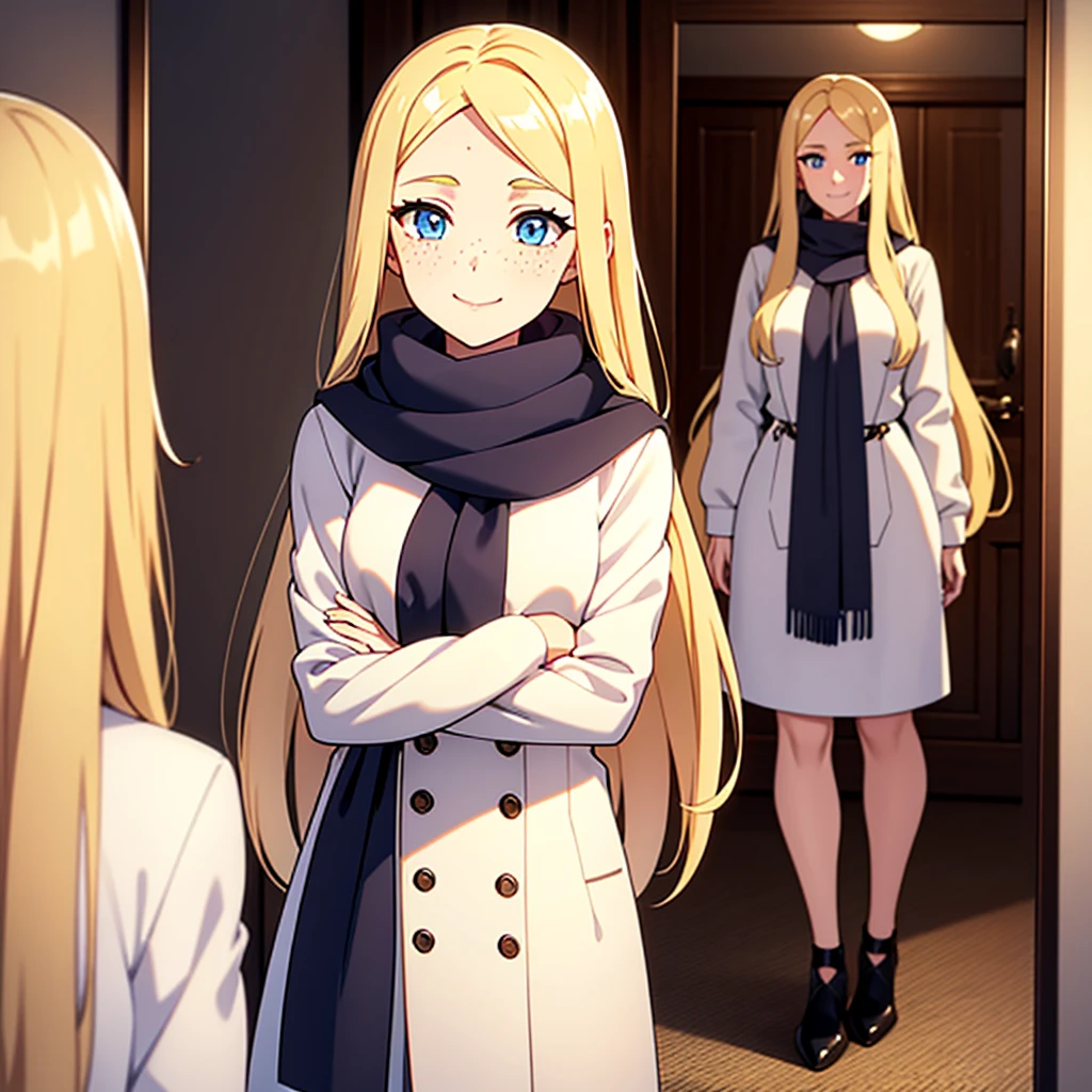 It's a beautiful real young woman with smooth long blond hair. Darker hairline. She is quite tall. She has a long pretty pointed nose. Sky Blue eyes. Large smile with really pretty dimples. Chin not pointy. Lightly red skin tone on her dimples. Lot of Freckles on her nose and dimples. She is wearing a long chakr coloured coat with black shoes. She has a really gorgeous colourful scarf around her neck and hair. Looking at her in a mirror in the bathroom while smiling