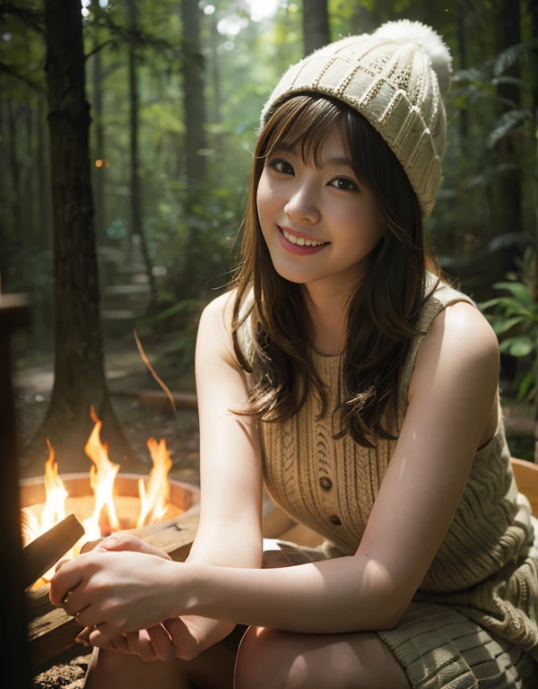 (bonfire at camp)、highest quality、masterpiece、Super high resolution、(Photoreal:1.4)、RAW photo、1 girl、Outdoor Fashion、glowing skin、Knitted hats、(beautiful forest background)、lanthanum、((Super realistic details))、Portrait、global illumination、Shadow、octane rendering、8K、super sharp、intricate decorative details、Japan details、very intricate details、realistic light、CG Society Trends、shining eyes、towards the camera、smile、