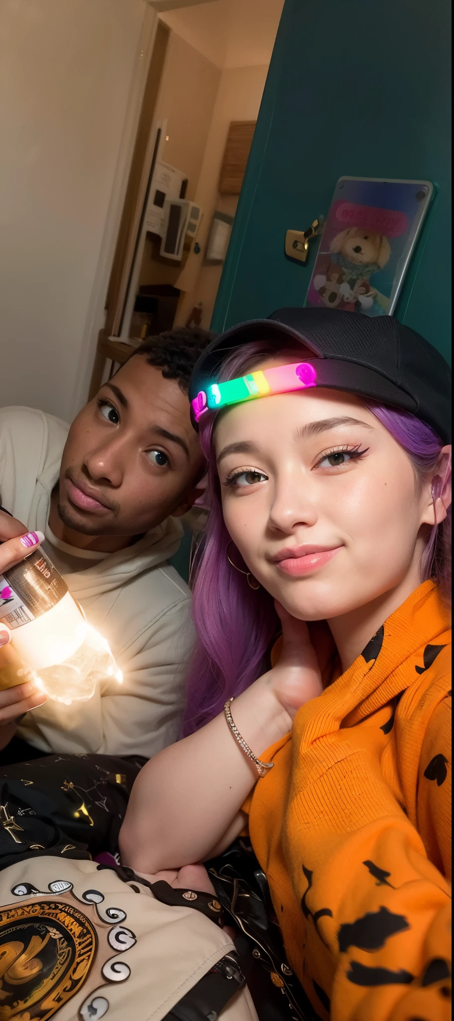 (best quality, masterpiece) 1girl, teddy bear, baseball cap, hat, solo, stuffed animal, stuffed toy, smile, long hair, hood down, jacket, hood, headphones, closed mouth, purple hair, long sleeves, fingernails, nail polish, sleeves past wrists, looking at viewer, multicolored eyes, bangs, hooded jacket, yellow nails, red jacket, multicolored nails, hair ornament, object hug, blush, red nails, white headwear, upper body, purple eyes, claw pose, heart, black headwear, hand up, bow, hoodie, hairclip, nail art, button badge, very long hair, hair between eyes, orange nails, puffy long sleeves, puffy sleeves, black bow, badge, holding, drawstring, red eyes, pink nails, star (symbol), multicolored hair, blue nails, holding stuffed toy, lightning bolt symbol, colorful, looking to the side