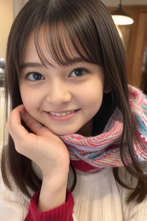 (highest quality,realistic,High resolution),,beautiful and fine eyes,beautiful detailed lips,smile,laughter,cute,,Happy,enjoying,winter,Joyful,Excited,indoor,cozy atmosphere,,twinkling stars,,colorful holidays,fluffy scarf,Happy memories,,愛とlaughter、20-year-old、baby face、Childish、look at the camera、selfie、swimsuit、small breasts