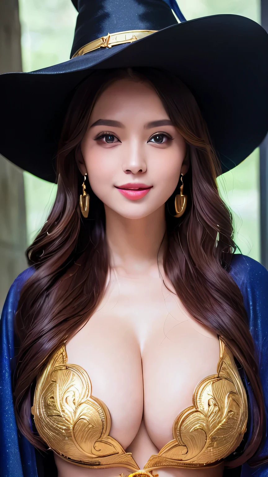 ((female wizard)), (top-quality、8K、32K、​masterpiece、nffsw:1.3), (Extremely beautiful face, Beautiful lips), (Photorealsitic:1.4), (The ultra -The high-definition), (Ultra-realistic 8kCG), Raw photography, large breast, Earrings, smile, open mouth, Witch Hat, microbikini