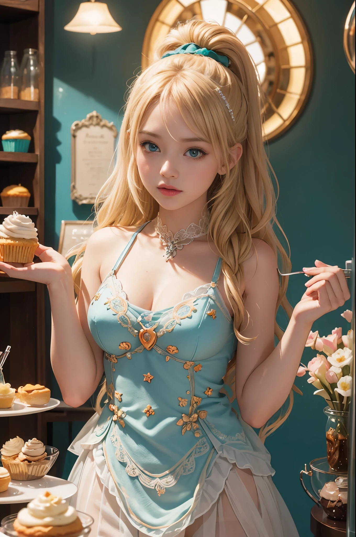 masterpiece, Very detailed, (Chibi:1.3), , (1 girl), blonde hair, pastel colors, cozy atmosphere, Dessert display case, macaron, Cupcakes, pie, Cupcakes, coffee machines, Blackboard menu, natural lighting, Glass jars filled with candy, Frosted window glass, Decorative plates, Whimsical decoration, Sugar carving,   8k, HD, Detailed face, delicate eyes，surreal, + lens + dynamic composition, Extremely detailed, sharpen, Normal, warm light, Light effect, dramatic light, (intricate details:1.1), complex background, (greg rutkovsky:0.8), (teal and orange:0.4），correct anatomy，