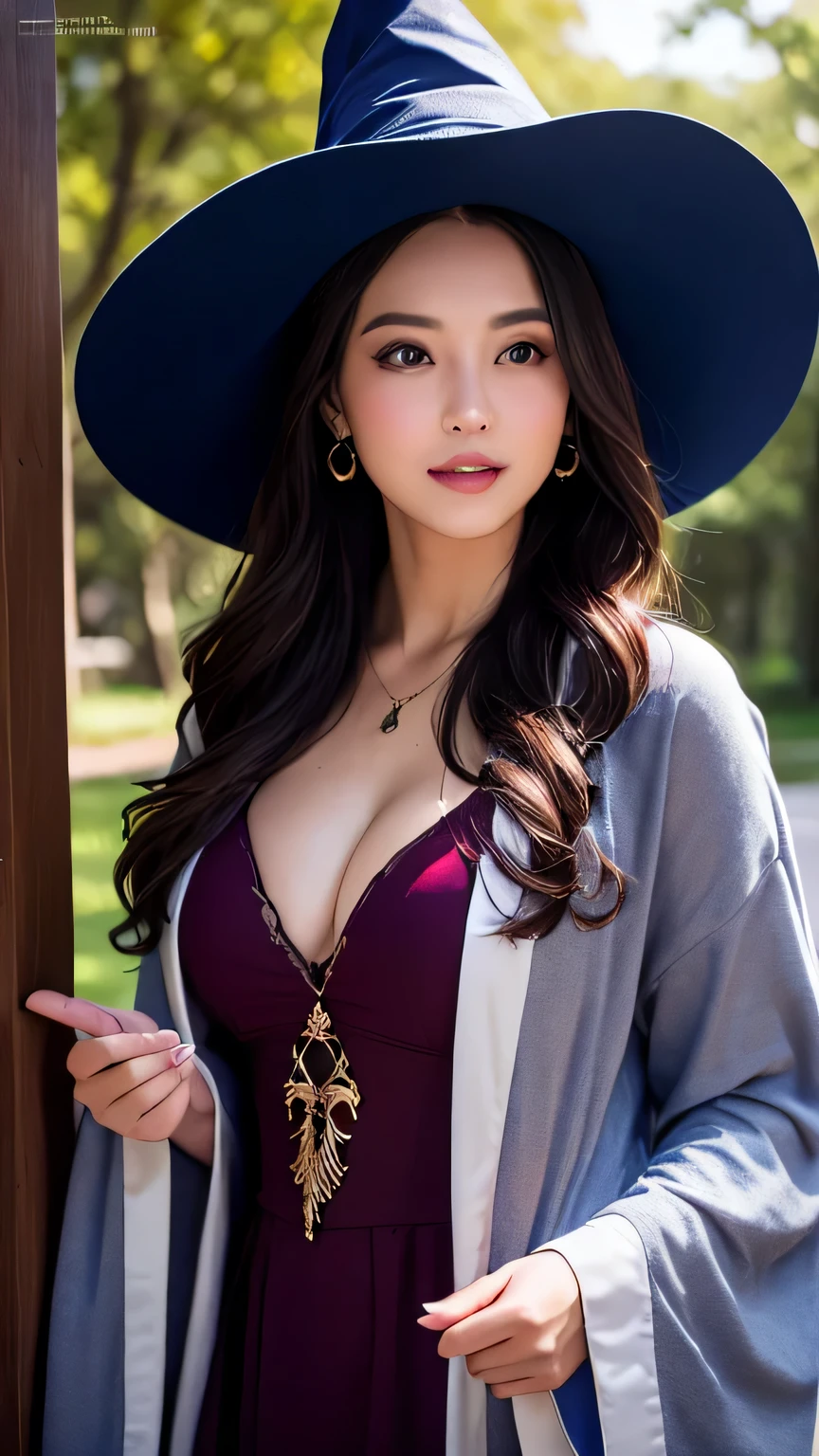 ((Wizard's Robe)), (top-quality、8K、32K、masterpiece、nffsw:1.3), (Extremely beautiful face, Beautiful lips), (Photorealsitic:1.4), (The ultra -The high-definition), (Ultra-realistic 8kCG), Raw photography, large breast, Earrings, smile, open mouth, Witch Hat, clothes,