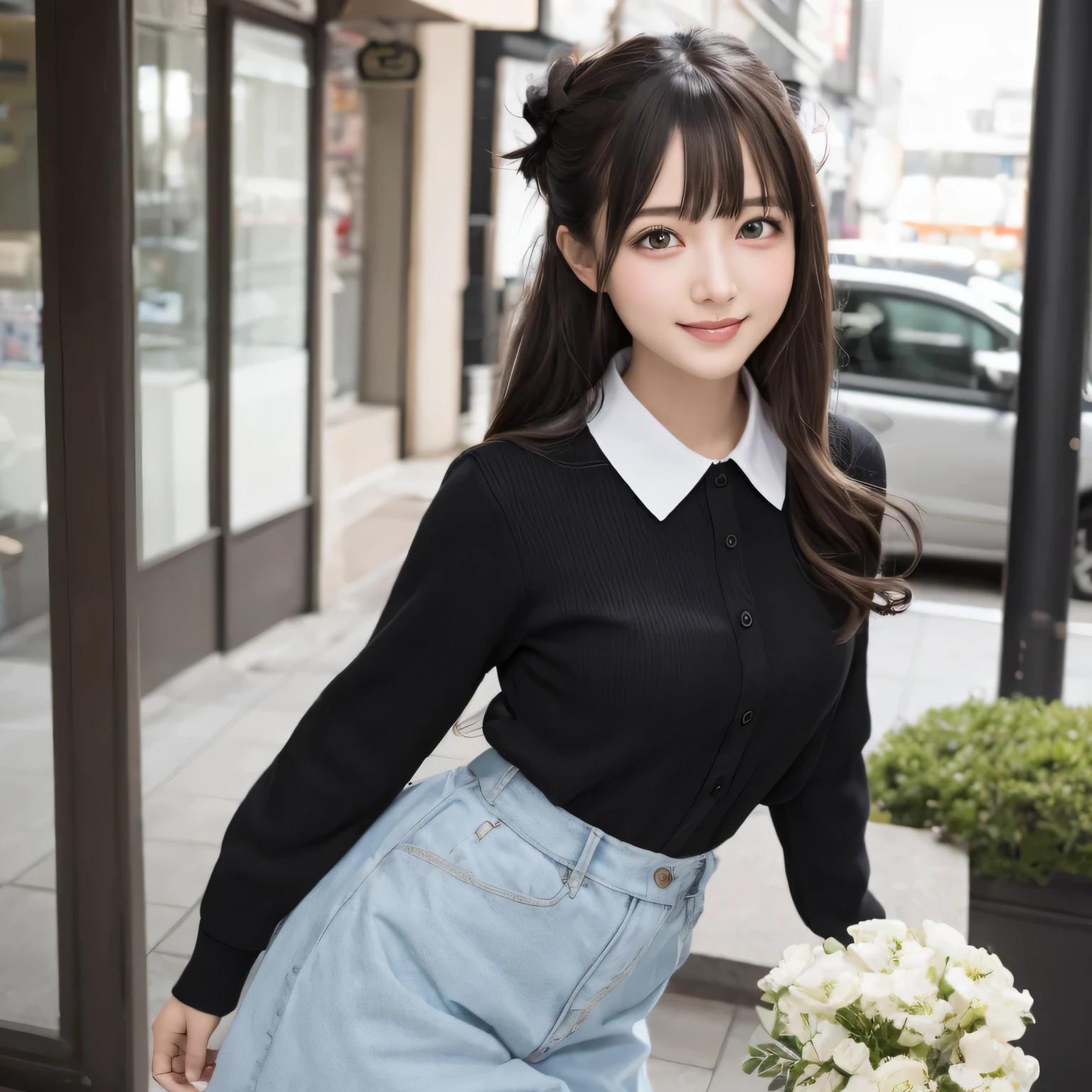 on the table, best quality, illustration, Super detailed, fine details, high resolution, 8k wallpaper, Perfect dynamic composition, Beautiful and delicate eyes,whole body摄影，show your whole body、collared shirt、long gray hair, Bold sexy pose,Smile,Harajuku、20 year old girl、huge :1.5、Look at the sexy shots of the camera, whole body, Rear view、Holding a bouquet of flowers、multiple persons