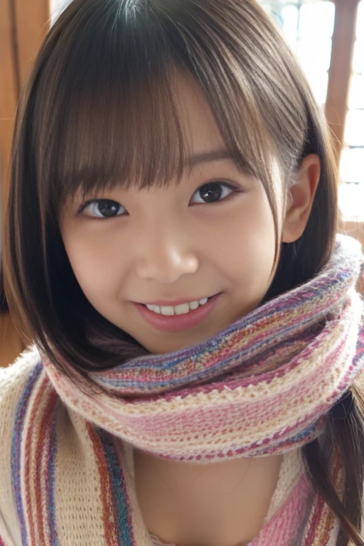 (highest quality,realistic,High resolution),,beautiful and fine eyes,beautiful detailed lips,smile,laughter,cute,,Happy,enjoying,Joyful,Excited,indoor,cozy atmosphere,,twinkling stars,,colorful holidays,fluffy scarf,Happy memories,,愛とlaughter、20-year-old、、Childish、at the camera、selfie、underwear、small breasts、