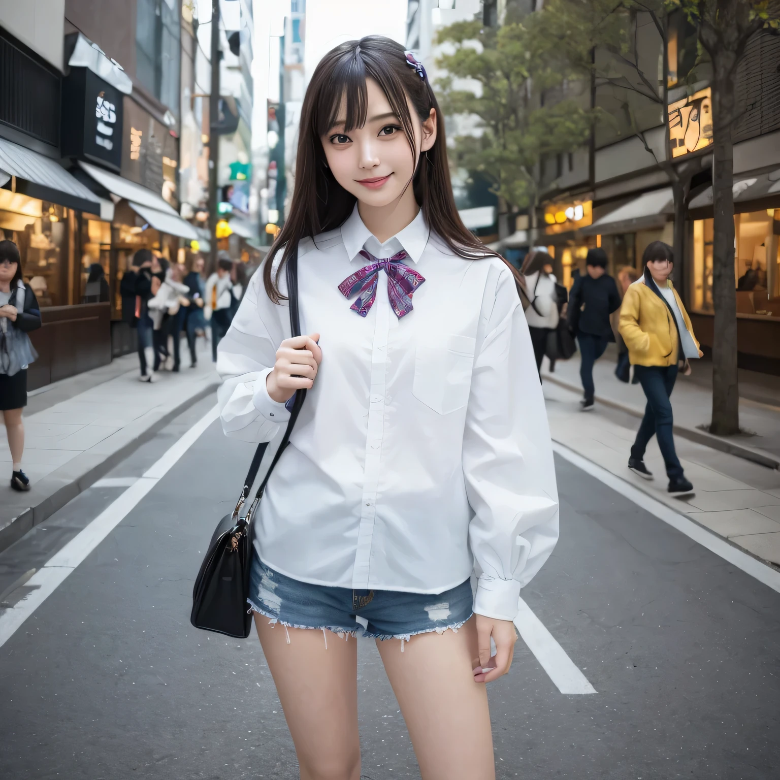 on the table, best quality, illustration, Super detailed, fine details, high resolution, 8k wallpaper, Perfect dynamic composition, Beautiful and delicate eyes,whole body摄影,show your whole body、collared shirt、long gray hair, Bold sexy pose,Smile,Harajuku、20 year old girl、huge :1.5、Look at the sexy shots of the camera, whole body, Rear view、Holding a bouquet of flowers、multiple persons