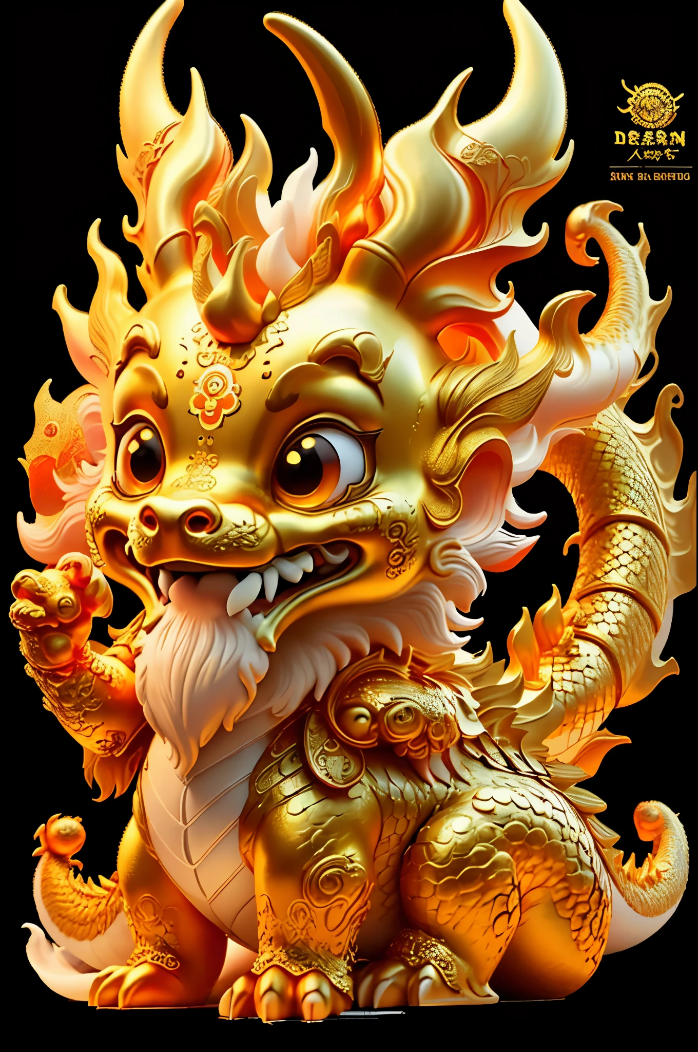 golden asian dragon on black background illustration, in the style of kurt wenner, sculpted, detailed character illustrations, artgerm, intricately sculpted, hd, cambodian art