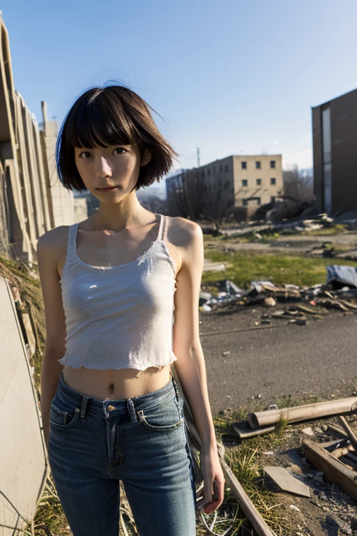 A Japanese Lady, look at viewr, ((very Short hair)), (((skinny:1.3)), 27-years old . day, Outdoors, Post-apocalypse, Ruins,