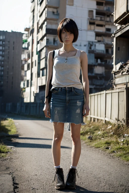 A Japanese Lady, look at viewr, ((very Short hair)), (((skinny:1.3)), 27-years old . day, Outdoors, Post-apocalypse, Ruins,