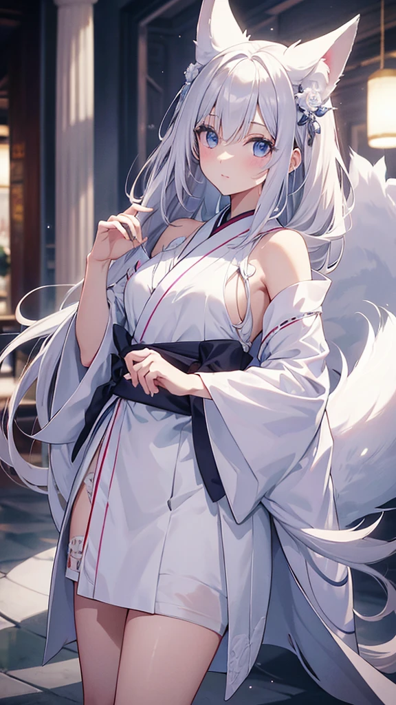 Ella tiene el cabello albino y los ojos azules y una piel de porcelana acentuada con tonos rosados, He has fox ears and a tail characteristic of his ability, both of the same grayish white tone as her hair.
Suele vestir un tipo de kimono llamado 'Miko' con apertura alos lados dandole movilidad, y unos geta de manera.