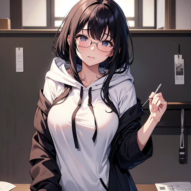 messy hair、dull bangs、messy hair、Sloppy、cross-eyed、drunk、( fool / Sexual ecstasy)、Glasses、highest quality, Super delicate illustration, Beautiful charming anime girl, slender body, tied hair, one girl,wearing a hood,hoodie、bust shot