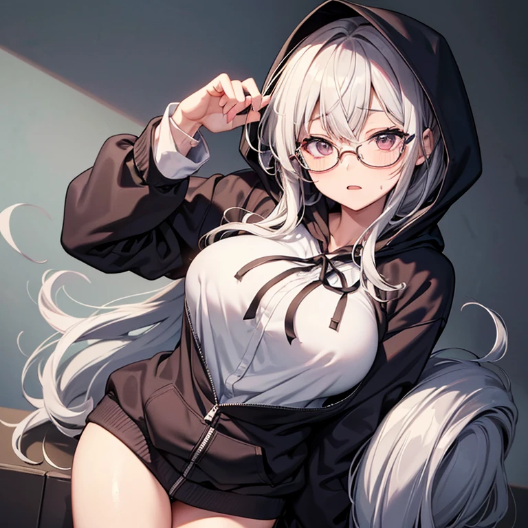messy hair、dull bangs、messy hair、Sloppy、cross-eyed、drunk、( fool / Sexual ecstasy)、Glasses、highest quality, Super delicate illustration, Beautiful charming anime girl, slender body, tied hair, one girl,wearing a hood,hoodie、bust shot、Ponytail hands are not shown