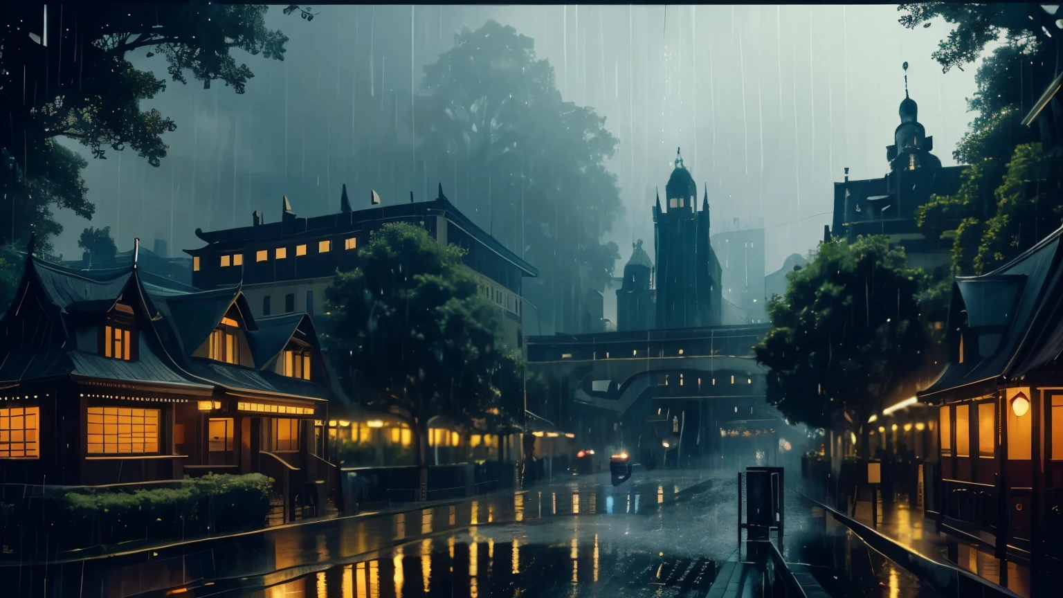 Artistic. Night time, city scene. The night is absolutely dark. The stage is lit only by lanterns. Heavy rain. City square, lanterns shining, houses behind cast-iron fences, tall houses of different storeys, many trees. Thick crowns, fresh greenery. Heavy rain, downpour. Around the square, in the distance passes one car.