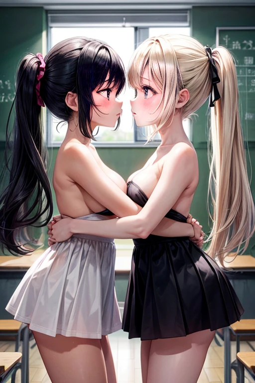 two teenage girls，angry look，equivalent height，In the classroom，Black and blonde hair，face each other and look at each other，hug each other，two bodies are close together，kiss、Picture of two people、Holding hands and facing each other、Photograph of two people facing each other、Push each other、Stick your boobs and boobs together、full nude、Completely naked