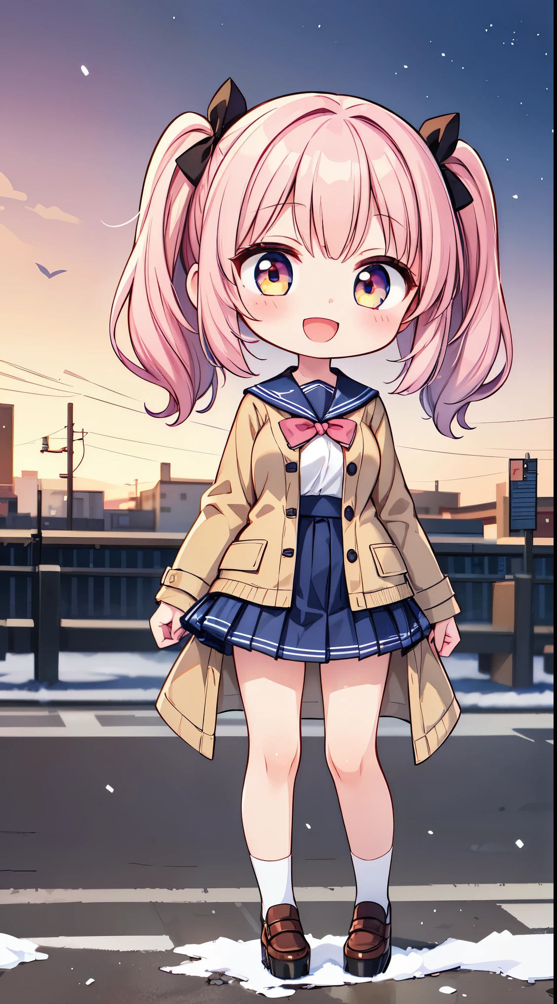 (masterpiece, top quality, best quality, official art, beautiful and aesthetic:1.2),ultra-detailed,intricate details,amazing illustration,award-winning art,atmospheric, (chibi,full body:1.6),


BREAK,  1 beautiful girl, Solo,(Cute:1.5),(Chibi:0.8), (kawaii:1.5),(Lori:0.5), BREAK, (girl, Cute, Cheerful, Loli face, medium breasts:1.2),(Pink hair,disheveled short twin tails,tareme,Gold eyes:1.2),gleaming skin,Clear skin, cleavage of the breast,Beautiful , gleaming skin,Clear skin, Beautiful skin,( A smile:1.5),(best quality face),(Top quality glowing eyes),(The best smile,:D:1.45),

BREAK, train,station,(a girl), platform, snow, (coat:1.1),Yamanote line, (school uniform:1.2), 


BREAK,wakame,wakame,wakame,(Cowboy Shot:1.4), 


BREAK,(Blurry background:1.3),(absurderes, hight resolution, Super Detail Art),cel shading,Clear Color, Lonely optical effect, Beautiful pictures, Bright glow, mystic atmosphere,(Close-up of girl:1.1), Mystical light particle effect,manga influence, clean line drawings, 