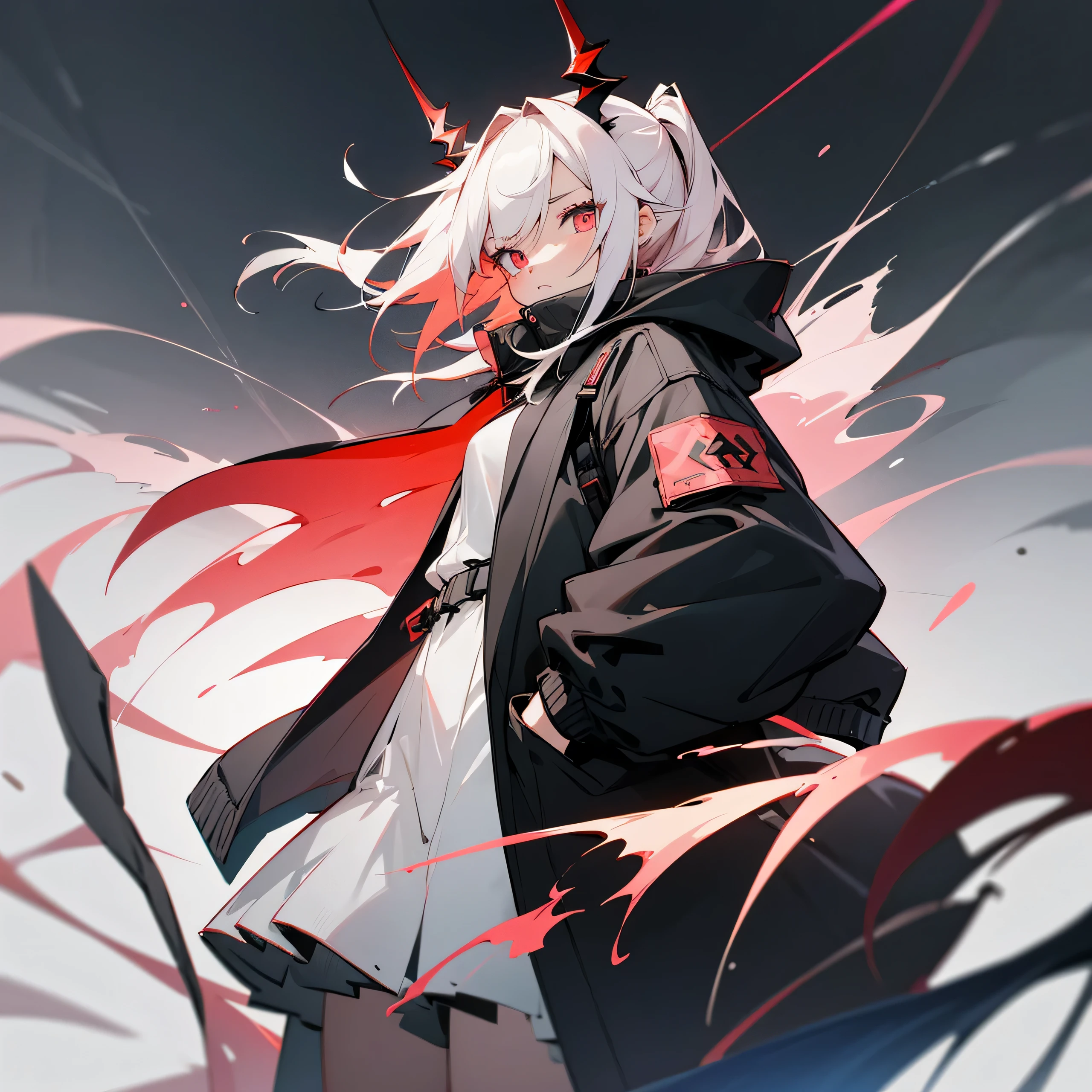 1girl, jacket, outdoor, hoodie, open jacket, chain,cute, kawai, looking at another, trending on artstation, 8k resolution, highly detailed, anatomically correct, sharp image, digital painting, concept art, trending on pixiv, soft femenine colors ,pink, monocromatic colors, black and white, attractive aspect, hot look, arknights looks, arknights anime, devil horns, detailed anime eyes, simple background
