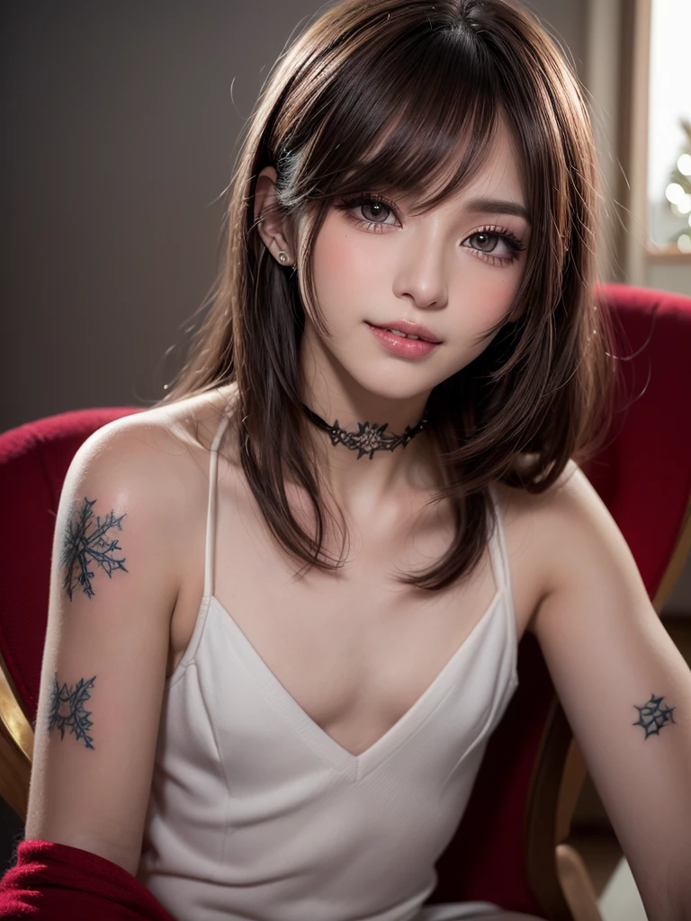 (Masterpiece, Best Quality, Illustration, Ultra-detailed, finely detail, Hight resolution, 8K Wallpaper, Perfect dynamic composition, cinematic lighting, portrait, looking at viewer, Beautiful detailed eyes, Sexy face, Perfect beautiful hands, Raw real photos, beautiful realistic face, beautiful face, perfect face, highly detailed beautiful face and eyes, attractive face, detailed face, delicate facial features, detailed skin, shiny skin), (full-face blush, smile:1.3), (school tie, gyaru makeup, lash extensions:1.4), (small chest:1.8), (Seductive pose, Straddling a chair:1.6), (tattoo:1.4), (piercing:1.7), (moody lighting, christmasr:1.6)