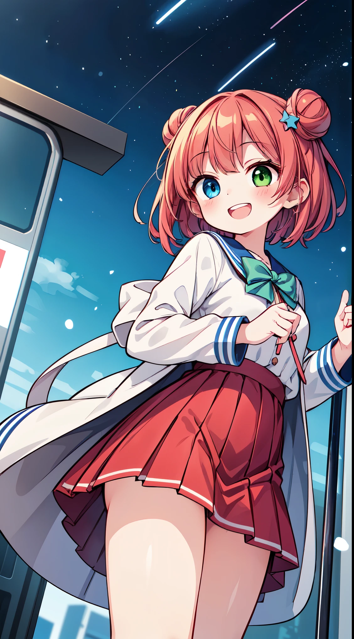 (masterpiece, top quality, best quality, official art, beautiful and aesthetic:1.2),ultra-detailed,intricate details,amazing illustration,award-winning art,atmospheric,
BREAK, 1 beautiful girl, (kawaii:1.5), (Chibi: 0.8), (kawaii: 1.5), (Lori: 0.5), (17 years old girl), BREAK(Red hair, short-hair,Two buns hair:1.4),(:D,grin:1.3),( Heterochromia,The blue eyes,The green eyes, Eye Highlights,The first hyperfine stars:1.45), star the eye silhouette thick eyelashes, naked boobs double eyelids:1.2),(de pele branca), (The best smile,:D:1.45),
BREAK, train,station,(a girl), platform, snow, (coat:1.1),Yamanote line, (school uniform:1.2),
BREAK,wakame,wakame,wakame,(Cowboy Shot,from below:1.4),
BREAK,(Blurry background:1.3),(absurderes, hight resolution, Super Detail Art),cel shading,Clear Color, Lonely optical effect, Beautiful pictures, Bright glow, mystic atmosphere,(Close-up of girl:1.1), Mystical light particle effect,manga influence, clean line drawings,