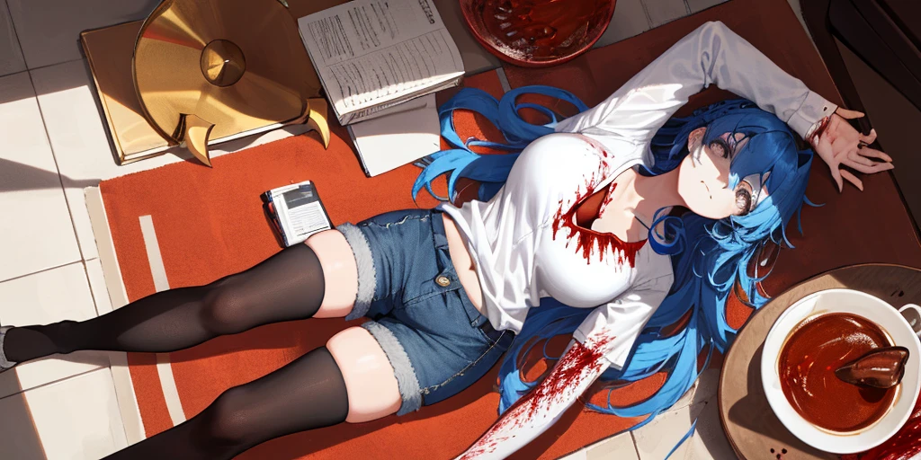 (Lie on the ground), 1 girl, alone, ((white shirt)), black Thighhighs, thin and large breasts, cleavage, uniform, office background, ((Killed)), ((From above)), (cinematic lighting), (Put your arms on the ground), (Bloody ground), dutch angle, ((Bloody ground)), ((Bloody Body)), (rape face), (((horror))), denim shorts, office, hair between eyes, golden hair ornament, large chest, long hair, blue hair, Blue short claws, alone, Thighhighs, Thin and thick thighs, thin waist, light purple eyes, mature woman, long hair, ((masterpiece)), name tag, id tag, indoor, Horn