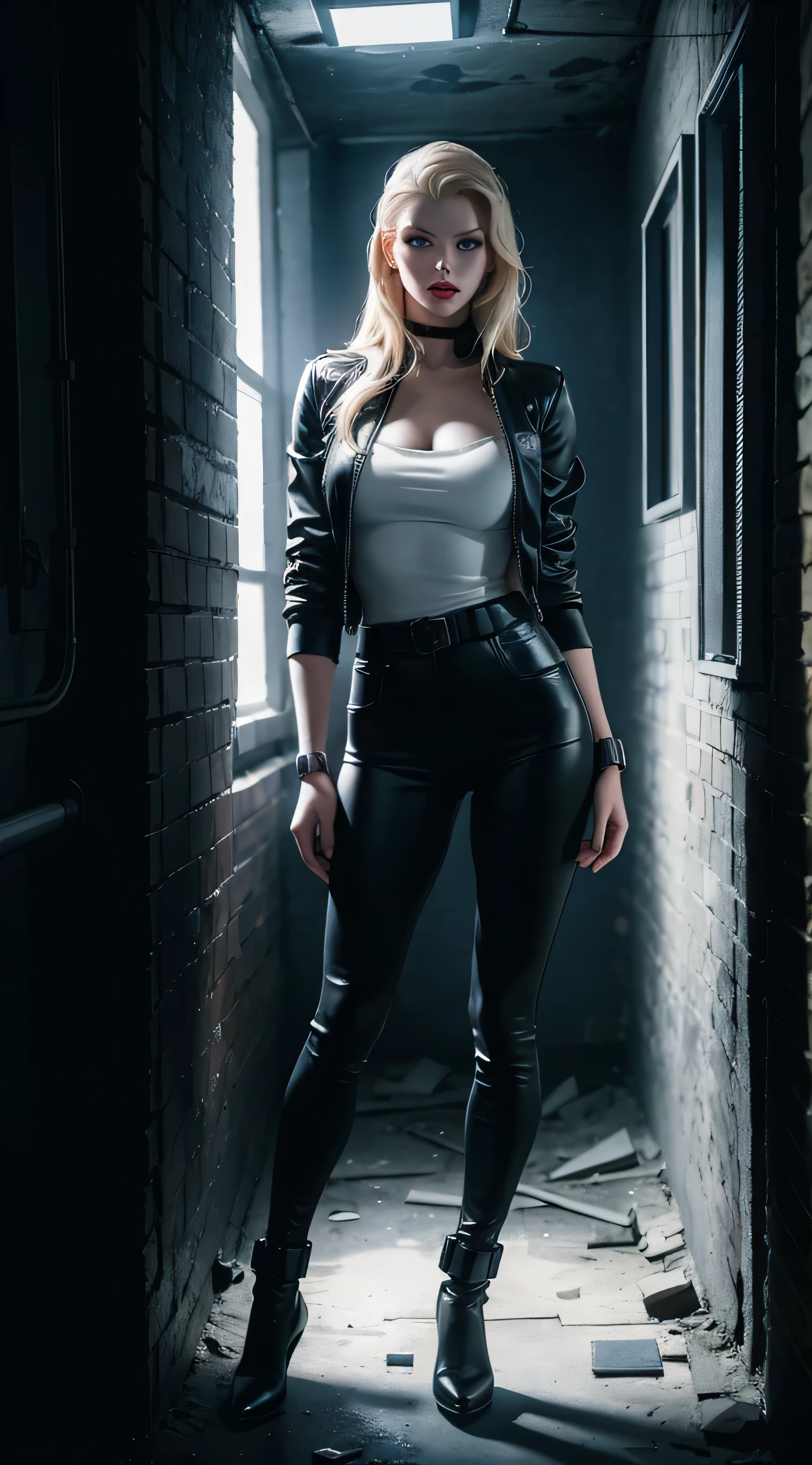 cowboy shot,a pretty 2 girl,blond hair,blue eyes,lora_Emma,slim athletic body,tight and stretched white blouse with buttons,button gap,short sleeves,ultra low rise black shiny latex pants,(double metal belt),empty studiobackground,((black coat on shoulders)),(best quality,4k,8k,highres,masterpiece:1.2),ultra-detailed,(realistic,photorealistic,photo-realistic:1.37),dramatic lighting,cinematic,fashion photography,studio lighting,high contrast,vivid colors,beautiful detailed eyes,beautiful detailed lips,extremely detailed eyes and face,long eyelashes, touching hair
