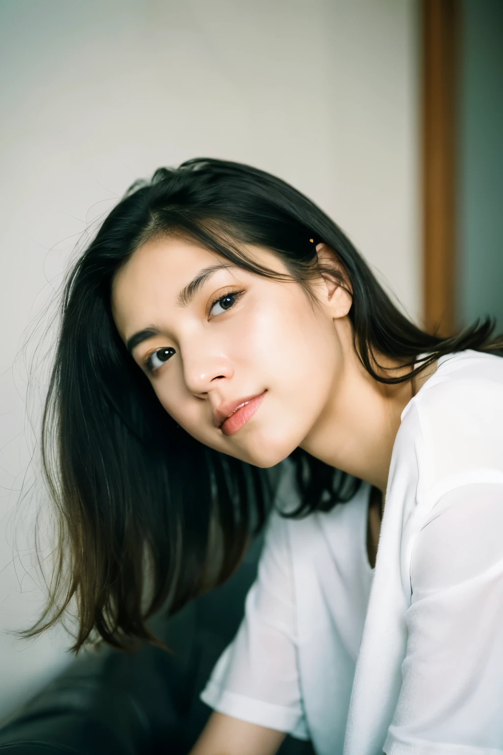 (8K, RAW photo, highest quality, High resolution:1.1), (hyperrealistic:1.4),(realistic, photorealistic:1.3), soft light,realistic face,realistic body,realistic skin,disorganized,masterpiece,(cute:1.8),(leaning forward:1.8),(From above:1.2),(close:1.4),crawl on all fours,throw,( Detailed white loose t-shirt:1.2),(Beautiful breasts:0.9),(long hair,ponytail),(big:1.2),cleavage,fine black eyes,innocent eyes,droopy eyes,Watery eye,open lips,blush,good style,cinema light,film Grain,close,look viewer,full Body,Depth of field, blurred background,Eye focus,young,85mm lens, f/ 1.4,professional lighting,portrait,photon mapping,radio city,Physically based rendering,Transparency,Day本の女の子,Day,Sunny,outdoor