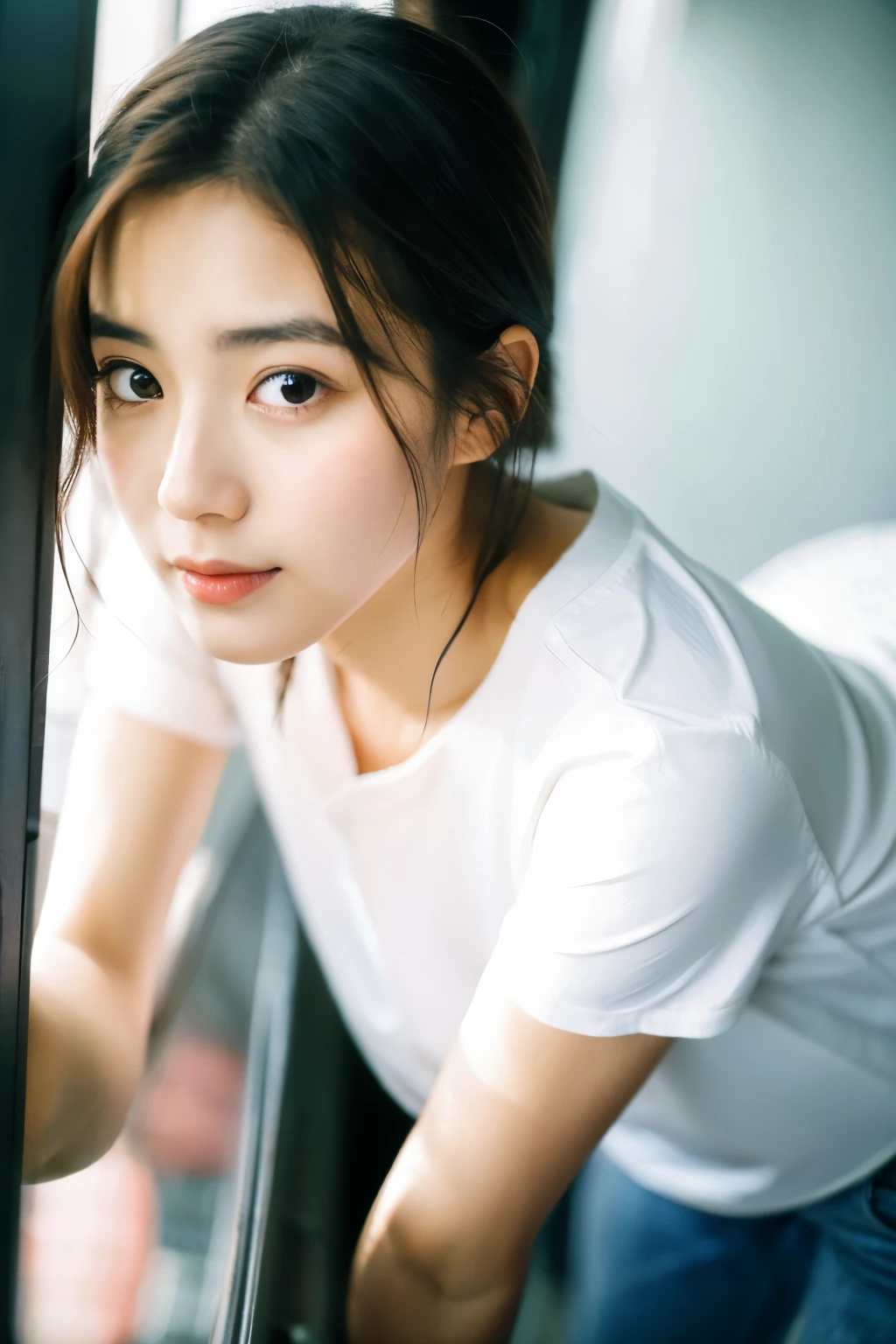 (8K, RAW photo, highest quality, High resolution:1.1), (hyperrealistic:1.4),(realistic, photorealistic:1.3), soft light,realistic face,realistic body,realistic skin,disorganized,masterpiece,(cute:1.8),(leaning forward:1.8),(From above:1.2),(close:1.4),crawl on all fours,throw,( Detailed white loose t-shirt:1.2),(Beautiful breasts:0.9),(long hair,ponytail),(big:1.2),cleavage,fine black eyes,innocent eyes,droopy eyes,Watery eye,open lips,blush,good style,cinema light,film Grain,close,look viewer,full Body,Depth of field, blurred background,Eye focus,young,85mm lens, f/ 1.4,professional lighting,portrait,photon mapping,radio city,Physically based rendering,Transparency,Day本の女の子,Day,Sunny,outdoor