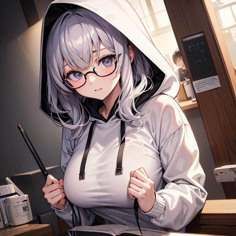messy hair、dull bangs、messy hair、Sloppy、cross-eyed、drunk、( fool / Sexual ecstasy)、Glasses、highest quality, Super delicate illustration, Beautiful charming anime girl, slender body, tied hair, one girl,wearing a hood,hoodie、bust shot