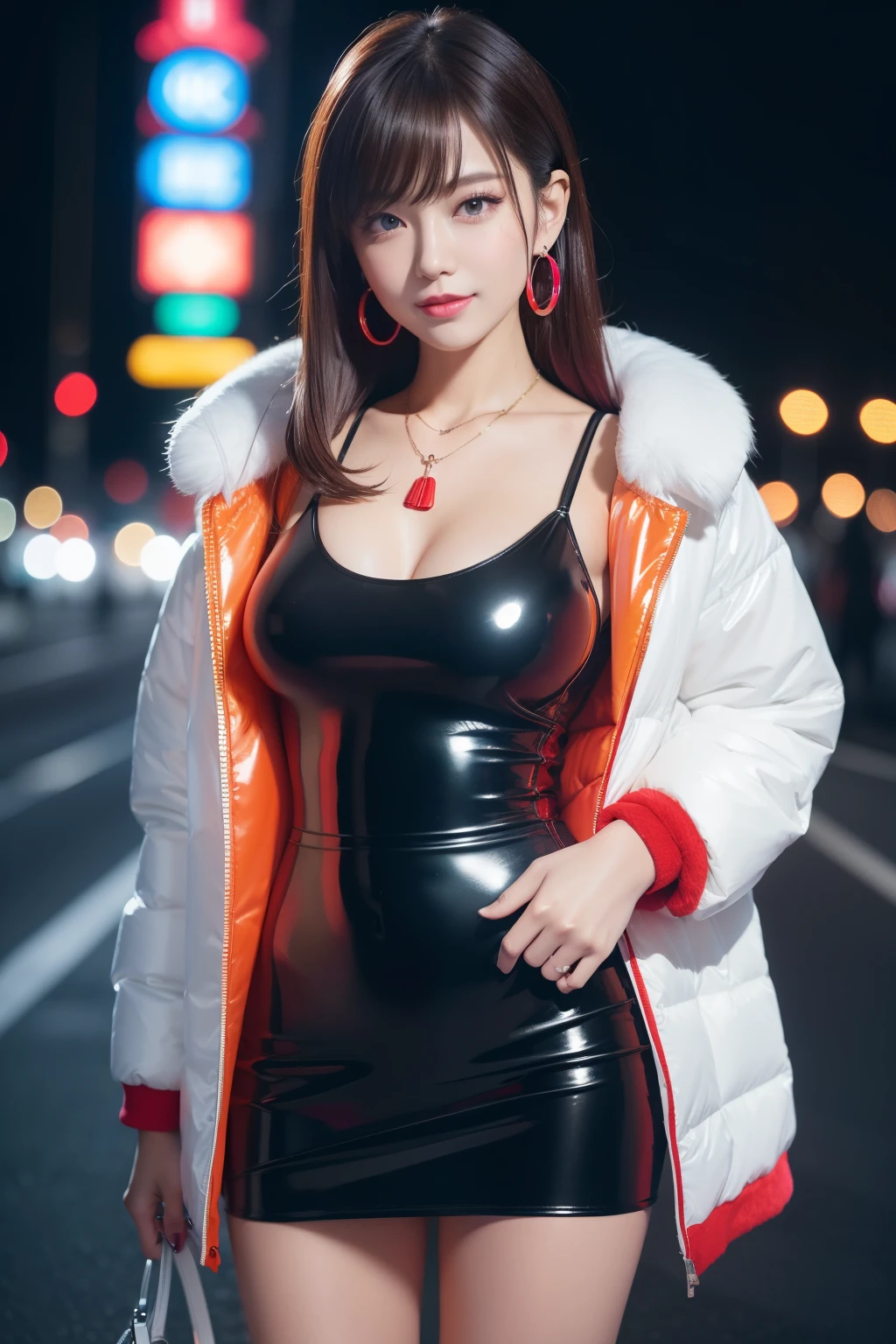 nsfw、female idol、lipgloss、smiling face、full body Esbian、((naked medium breasts))、shiny very large earrings（neon red)、shiny very large necklace（neon red)、shiny glossy wet latex tight mini skirt（neon red)、clutch（neon red)、(Colorful hair (dark brown))、long white coat with white fluffy fur (bright white)、conceptual art, High quality, Realistic, extremely detailed CG unified 8k wallpaper, highly detailed, High-definition raw color photos, professional photography, Realistic portrait, Cinematic Light, Beautiful detailed, Super Detail, high details, (((Bokeh))), depth of fields, illumination, Neon Street, Super stylish lighting