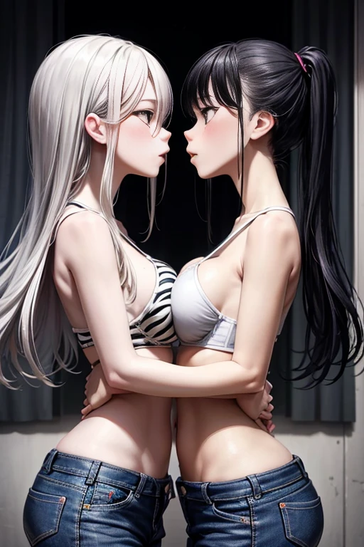 two  girls，angry look，equivalent height，In the classroom，Black and blonde hair，face each other and look at each other，hug each other，two bodies are close together，kiss、Picture of two people、Holding hands and facing each other、Photograph of two people facing each other、Push each other、Stick your boobs and boobs together、super huge boobs、very big breasts、super big breasts、skinny jeans、Zebra print bra