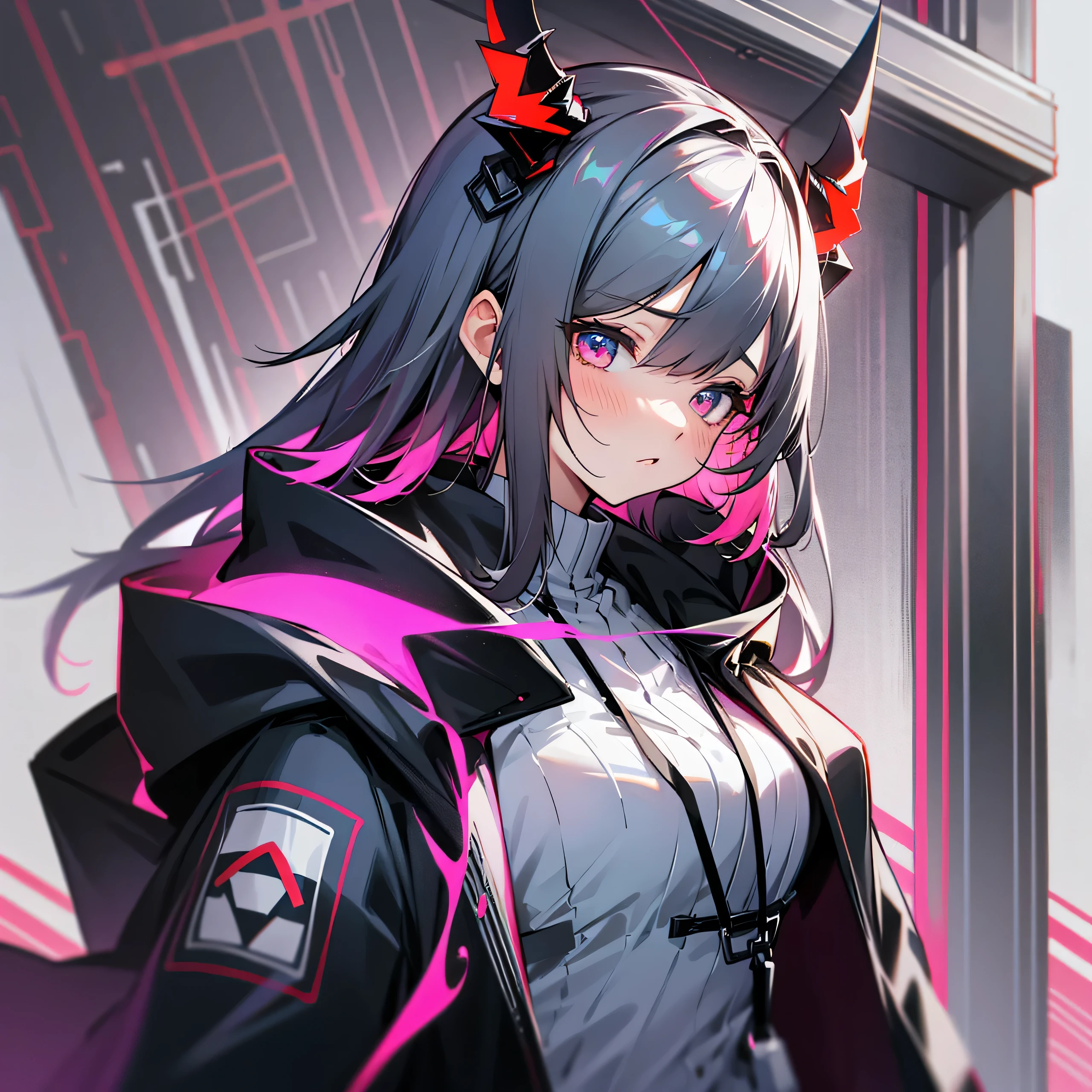 1girl, jacket, outdoor, hoodie, open jacket, chain,cute, kawai, looking at another, trending on artstation, 8k resolution, highly detailed, anatomically correct, sharp image, digital painting, concept art, trending on pixiv, soft femenine colors ,pink,fucsia, monocromatic colors, black and white, attractive aspect, hot look, arknights looks, arknights anime, devil horns, detailed anime eyes, simple background