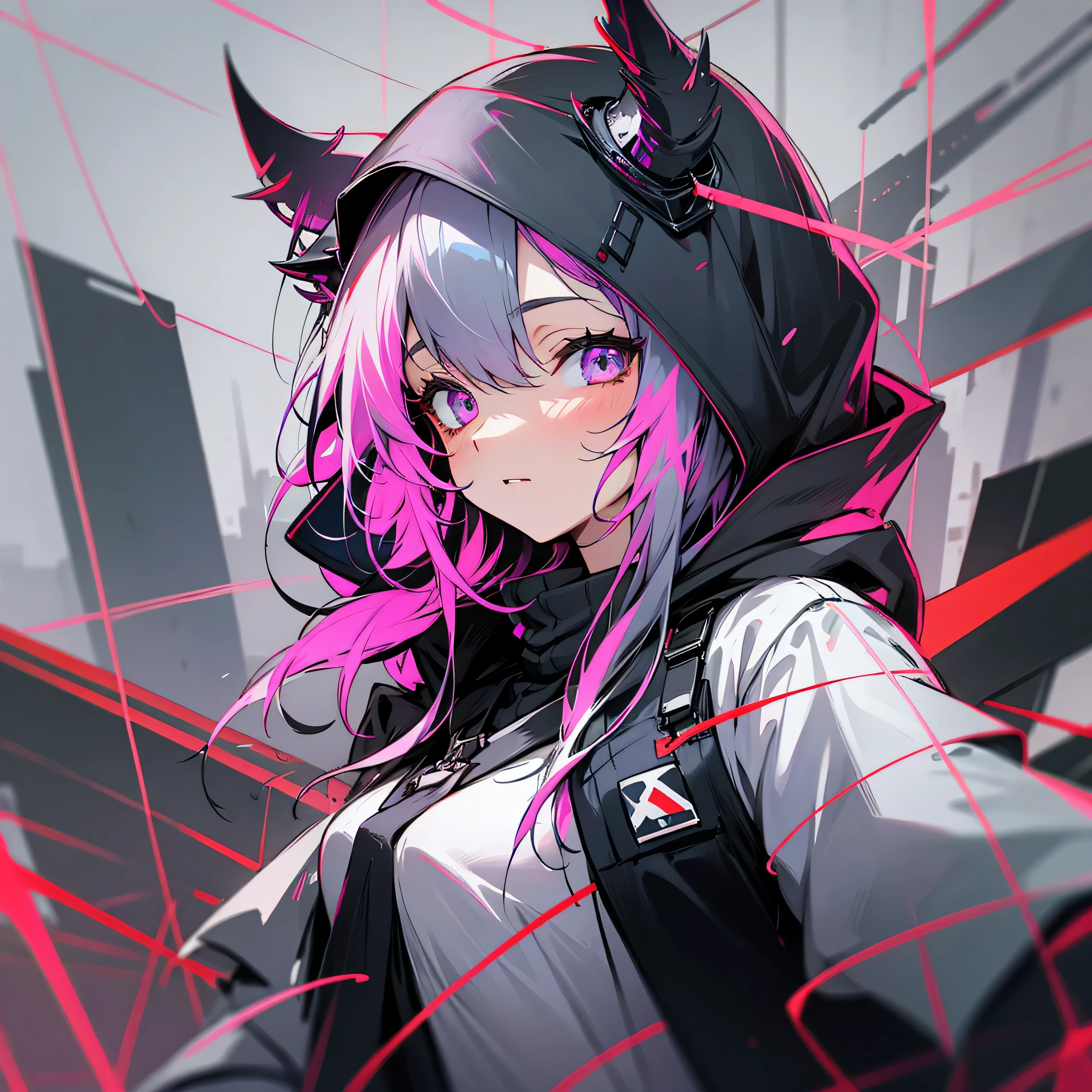 1girl, jacket, outdoor, hoodie, open jacket, chain,cute, kawai, looking at another, trending on artstation, 8k resolution, highly detailed, anatomically correct, sharp image, digital painting, concept art, trending on pixiv, soft femenine colors ,pink,fucsia, monocromatic colors, black and white, attractive aspect, hot look, arknights looks, arknights anime, devil horns, detailed anime eyes, simple background