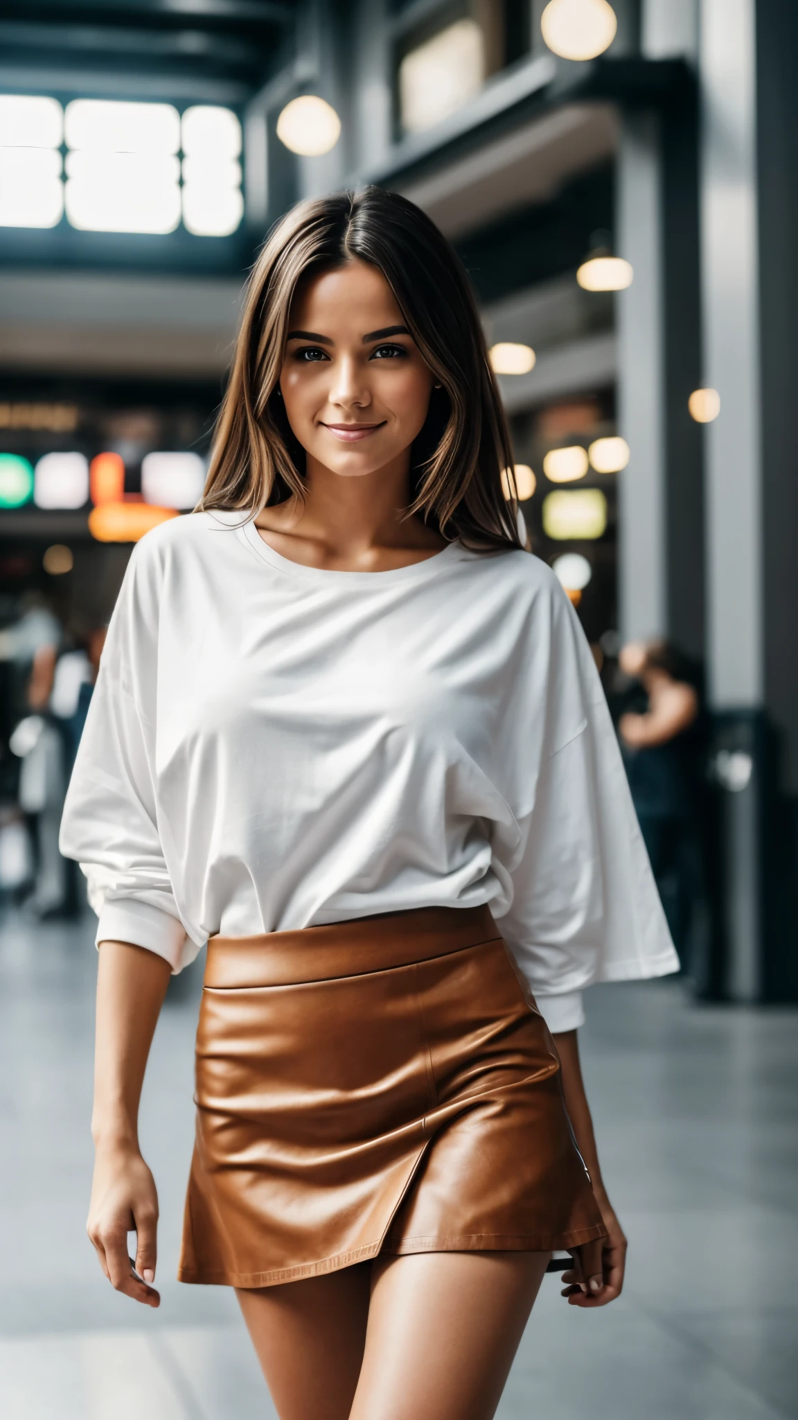 realistic body shot photo of a swedish smiling woman walking in front of the camera wearing a extreme short skirt and big shirt. Bang hair. central station. glamour photoshoot. beautiful face, perfect anatomy, fit girl, looking into the camera, strong hip:1.2, wide hip:1.3, 18 yo woman. (Eye makeup:1.1), (highly detailed skin:1.1), RAW, analog style, sharp focus, 8k UHD, DSLR, high quality, Fujifilm XT3, grain, award winning, masterpiece.